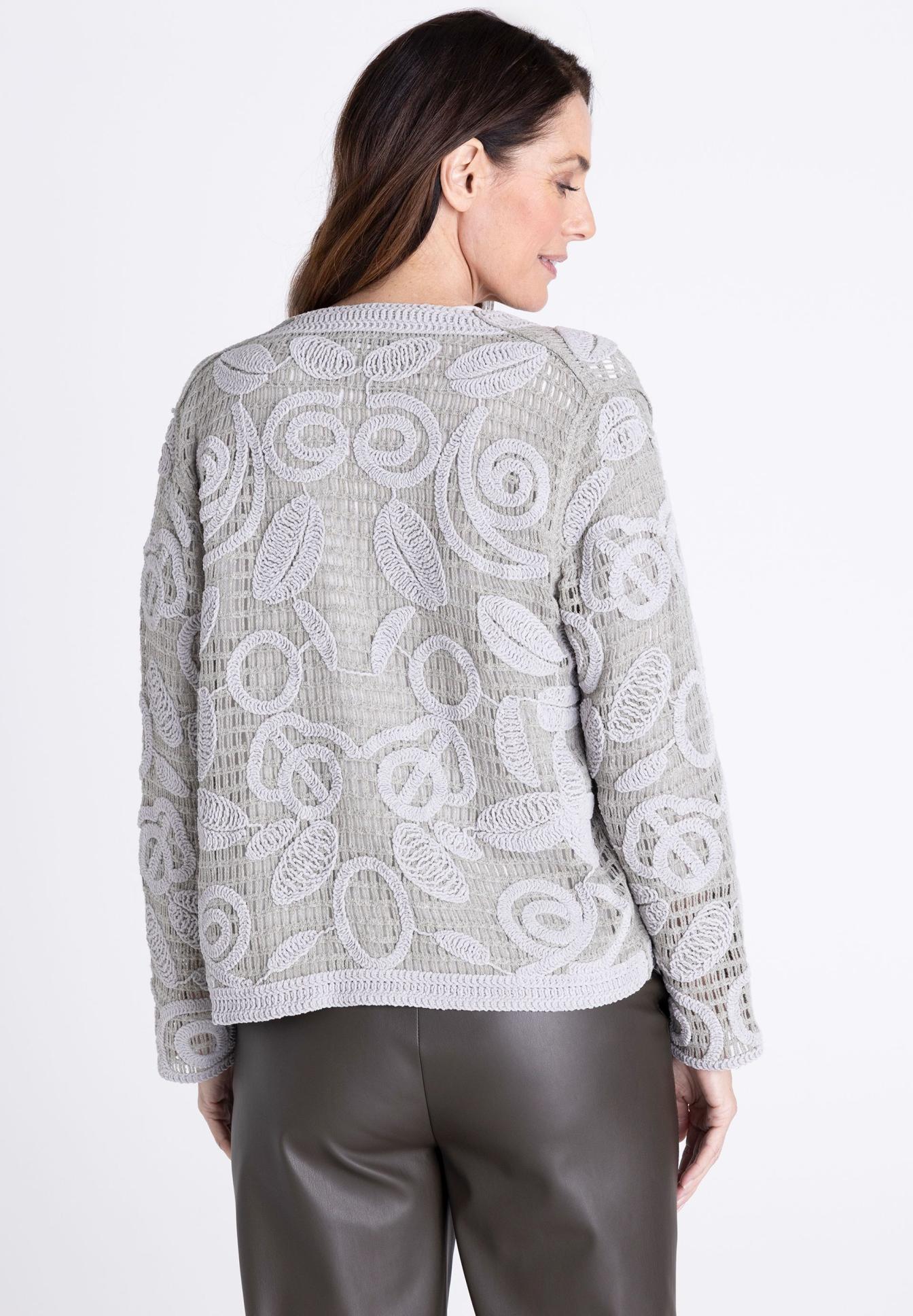 strickjacke, grau, gefüttert, mantelstil, geflächtetes muster, grau, Strickjacke, gemustert, feiner Print, Rückenansicht