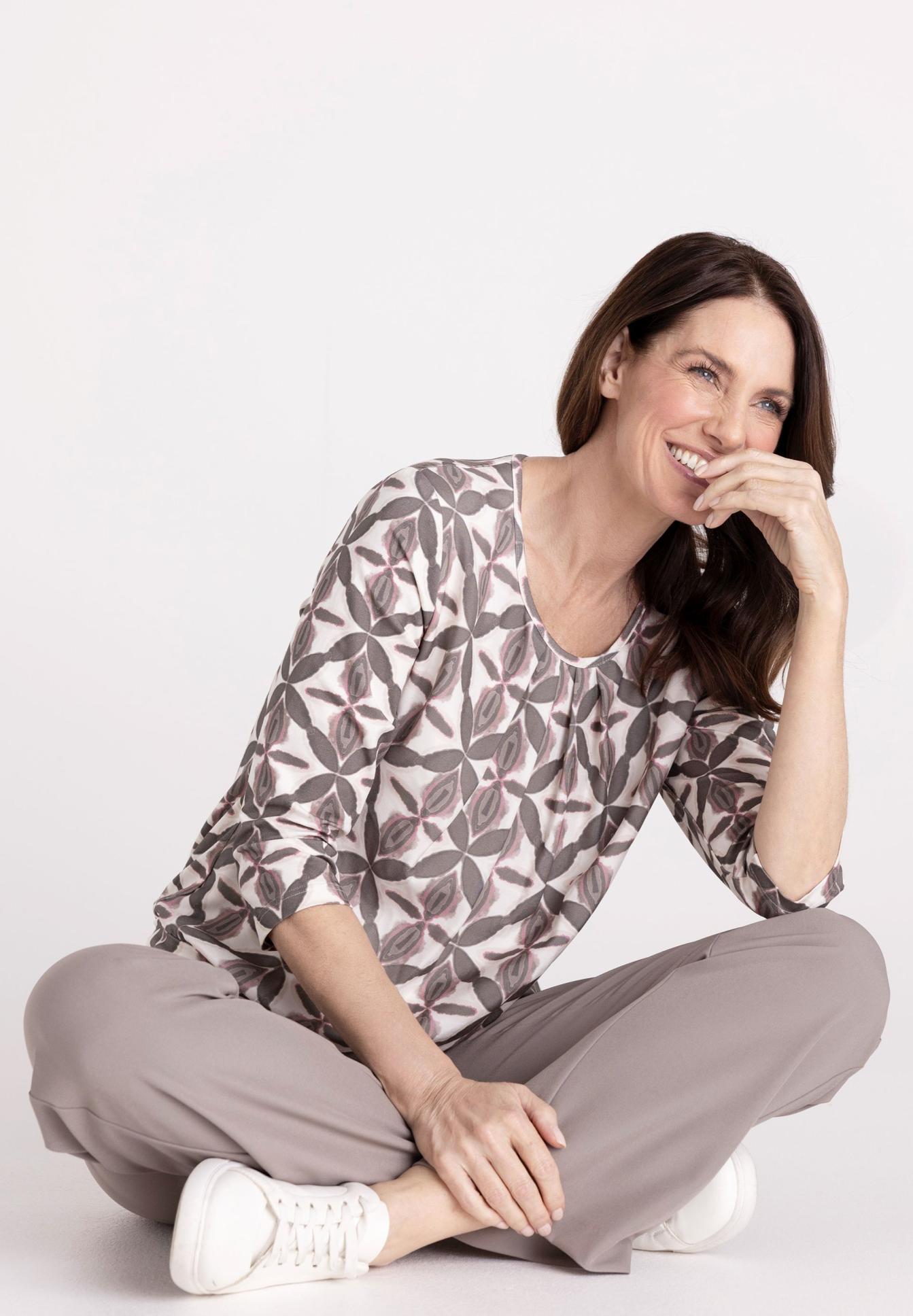 Bluse, Muster, Lange Ärmel, Beige, Beige, Top, Bluse, Blattmuster, Langarm, Alltagstauglich
