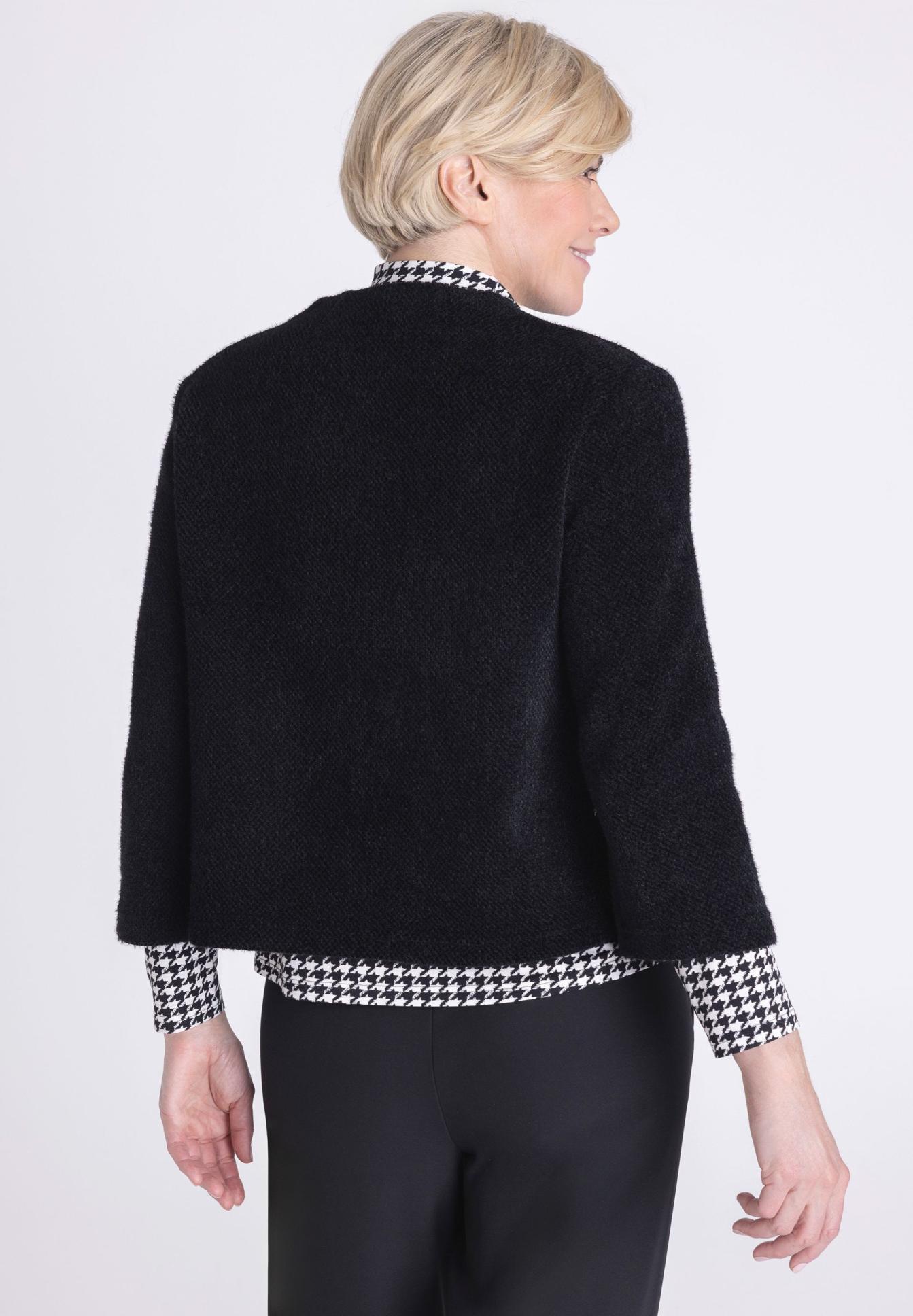 Schwarze Strickjacke, Kurzjacke, Hahnentrittmuster, Rundhalsausschnitt, Langarm