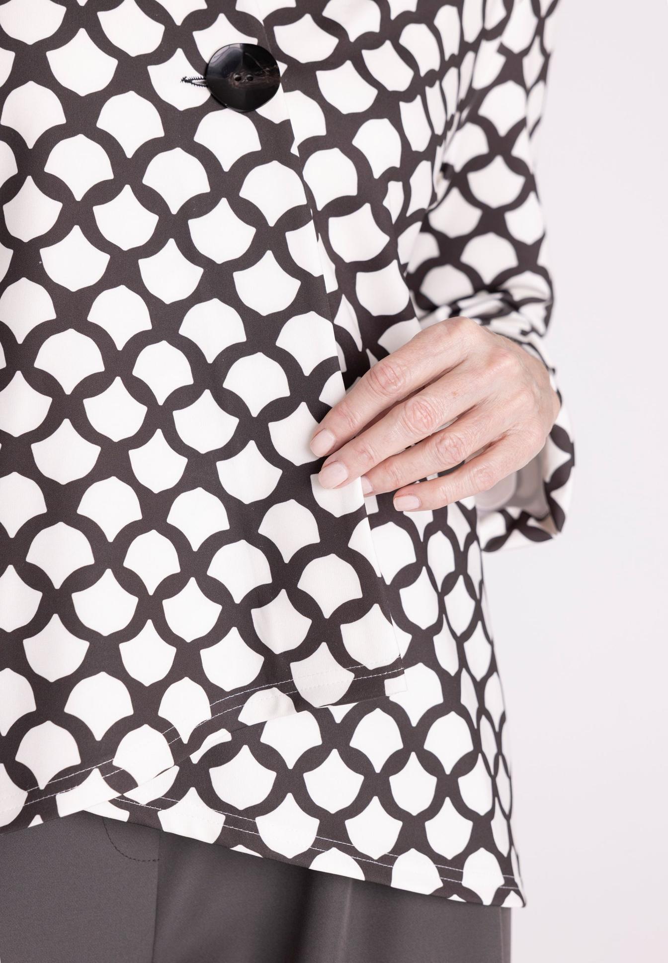 Mantel, Asymmetrisches Muster, Schwarz-Weiß, Stoffoberteil, Bluse, Bluse, Muster, Langarm, Knopf, Hemd, Bluse, Druck, Schwarz-Weiß, Muster, Knopf, Geometric pattern, Schwarzweiß, Bluse, Langarm, Knopfdetail