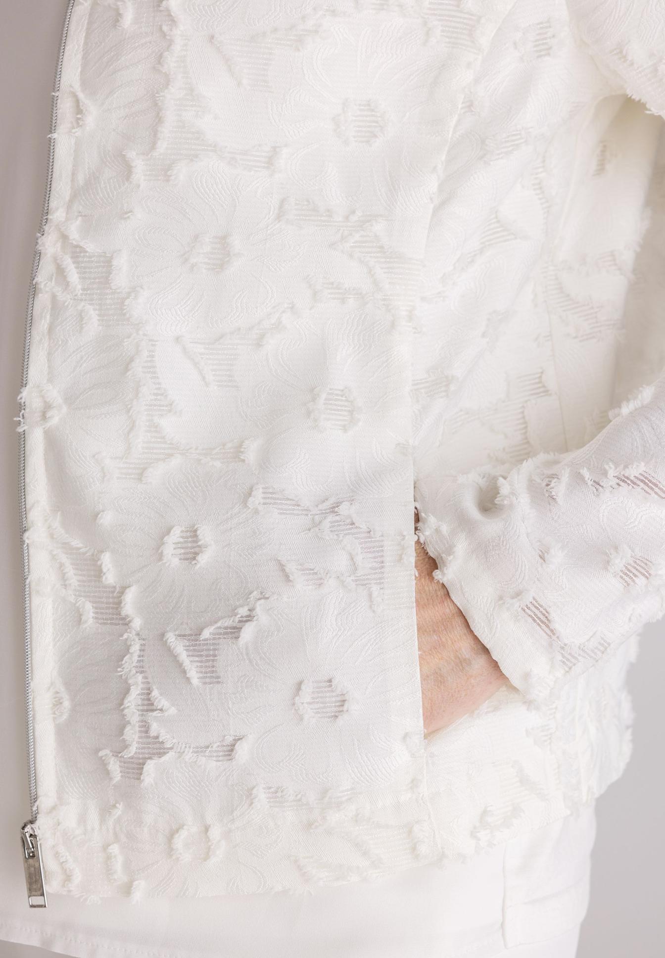 lacy fabric, lace top, white jacket, zipper, long sleeve
