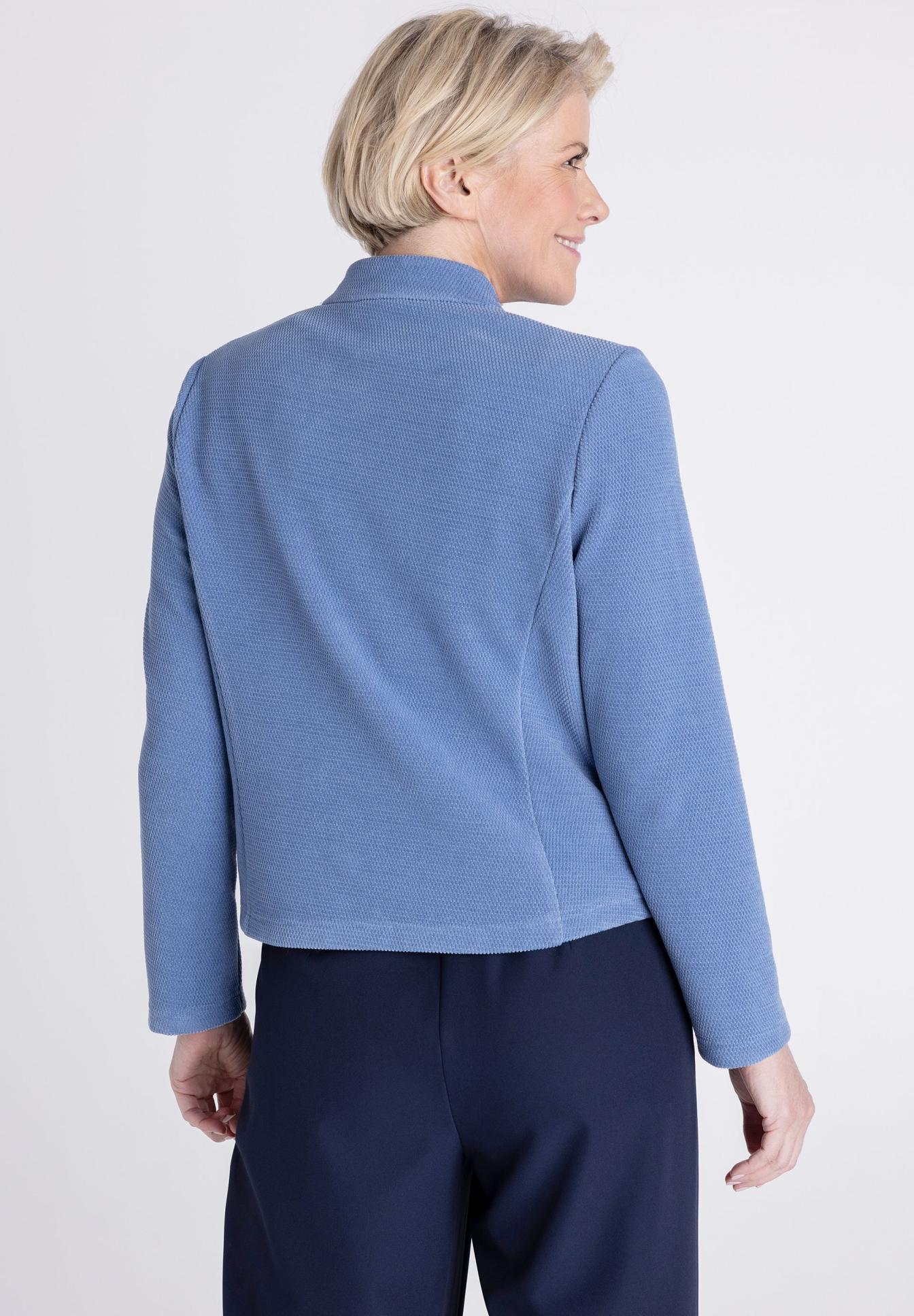 blazer, jacket, blue, knit, short, Blazer, Kleidung, Wolkenstruktur, Langarm, helles Blau, blazer, jacke, langarm, ungefüttert, hellblau, Blazer, Jacke, Strick, Hellblau, Rückansicht