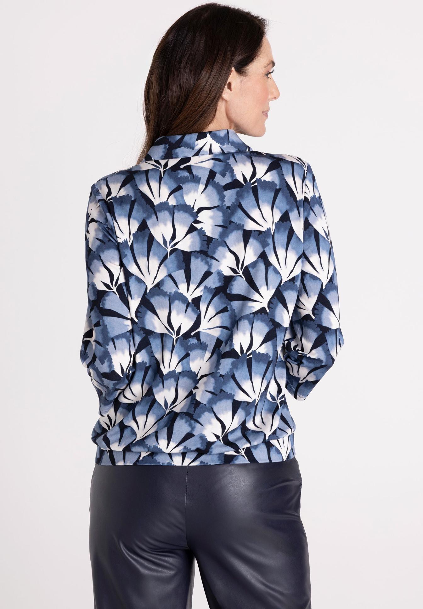 Bluse, Druck, Langarm, Blumenmuster, Blau, Bluse, Blusenjacke, Blumenmuster, Druck, Langarm, Bluse, Blusenjacke, Blumenmuster, Makro-Print, Unterseite elastisch, Bluse, Blusenmuster, Druck, Hinteransicht, Langarm