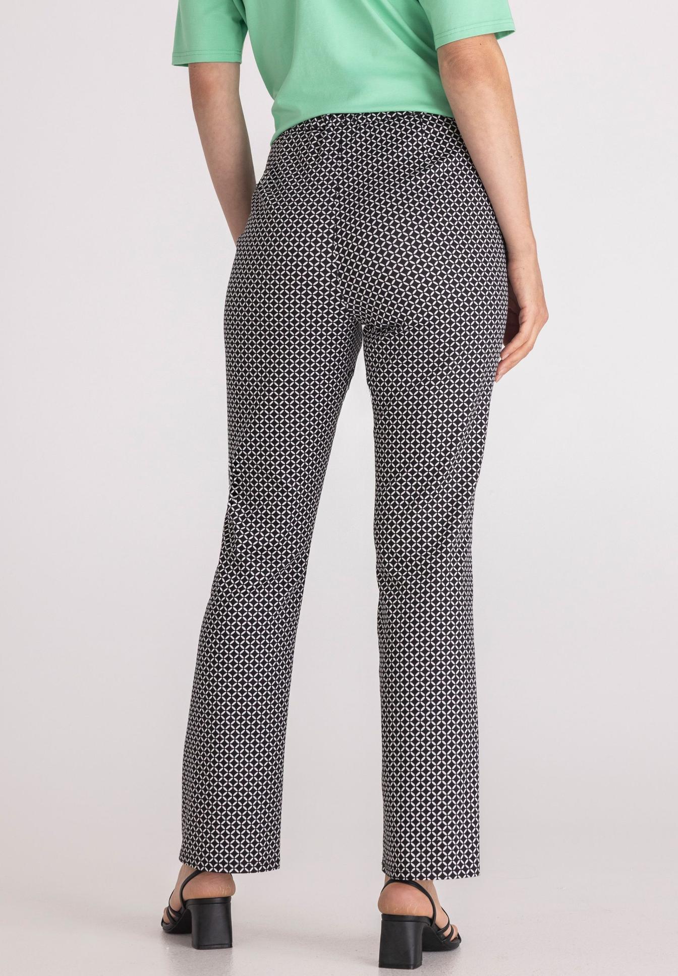 Hose, Hose mit Muster, Rautenmuster, Gerades Bein, Mittlere Länge, Hose, Pantalon, Geometrischer Muster, Schwarz-Weiß, Stretch, Hose, Geometrischer Muster, Schwarz-weiß, Straight Leg, Elastischer Bund