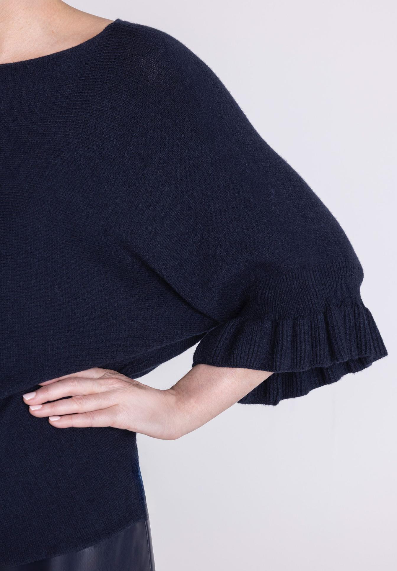 Pullover, Knit sweater, Dunkelblau, Rippstrickärmeln, V-atm?, Damenpullover, Rumpf?, Rundhalsausschnitt?, Strickware, Rüschenärmeln, dunkelblau, dunkelblau, Kuschelig, Pullover, Rippstrick, Puffärmel, Pullover, Kunstfaser, Navy, Rüschenärmeln, Kurzarm?