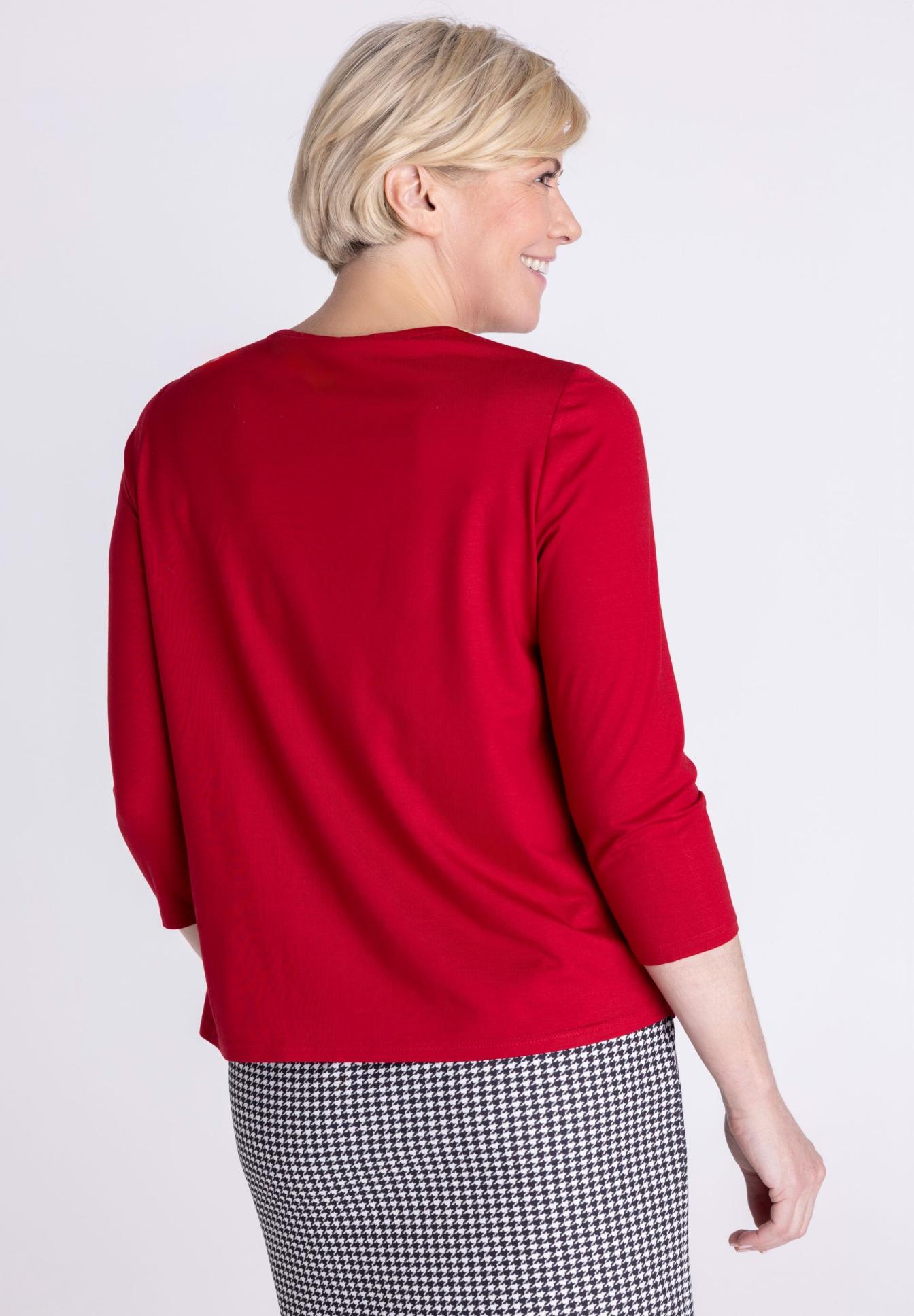 Damenoberteil, rotes Shirt, 3/4-Ärmel, Rundhalsausschnitt, unifarben, Damenoberteil, rotes Shirt, Dreiviertelarm, Rundhalsausschnitt, schlichter Stil, Damenoberteil, rotes Shirt, 3/4-Ärmel, Rundhalsausschnitt, glatter Stoff