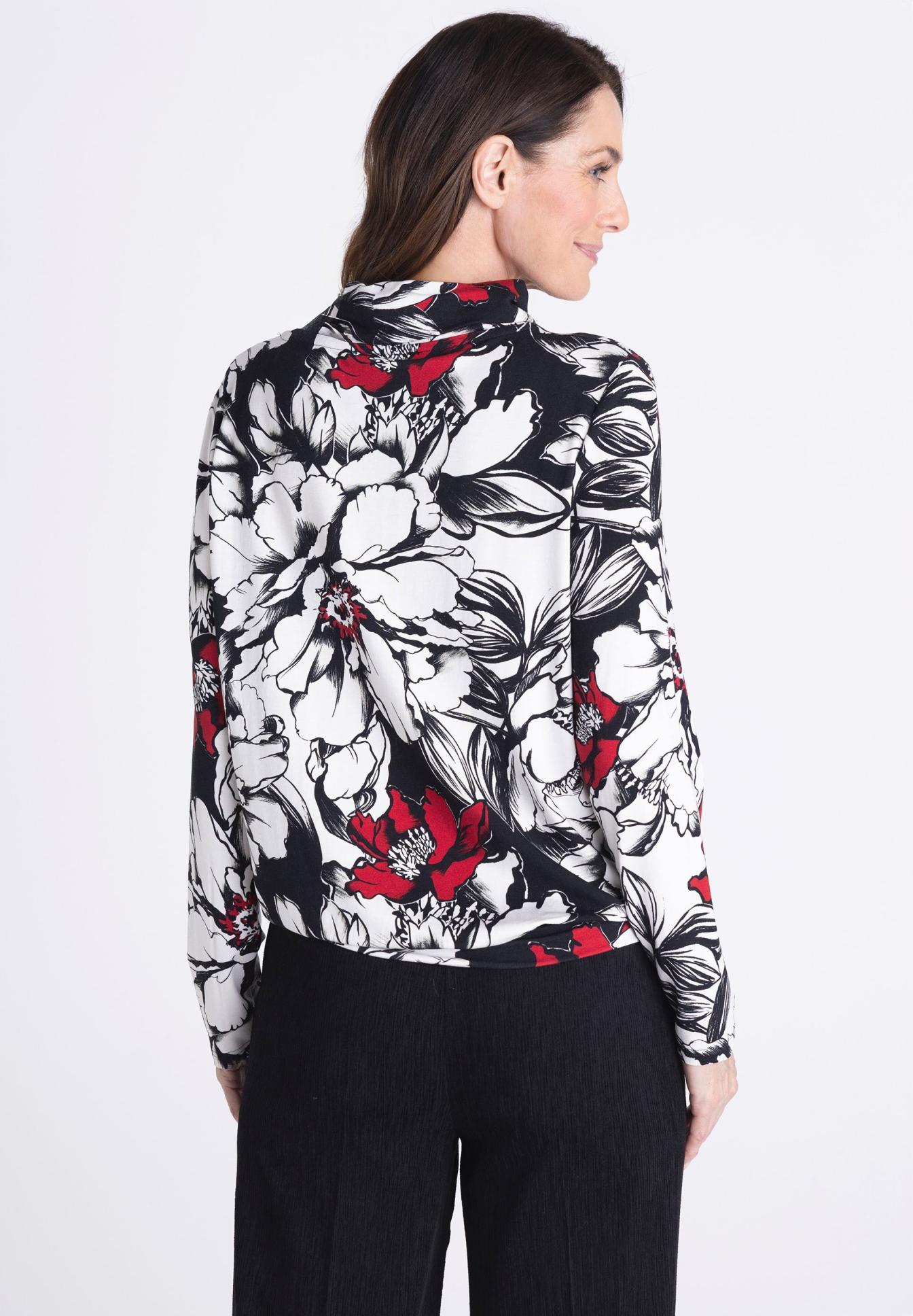 Damenbluse, Langarm, Blumenmuster, Schwarz-Weiß, Rote Akzente