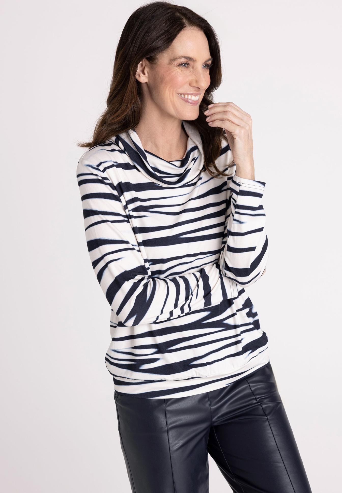  gestreiftes Oberteil, Rollkragen, lange Ärmel, weiß navy, Strickoberteil, Streifenpullover, Longsleeve, dunkelblau, Weiß, Kaschierende Muster, Streifenpullover, Cowlneck, Langarm, Weiß, Marineblau, Streifenprint, Langarm, Cowlneck, Weiß, Dunkelblau