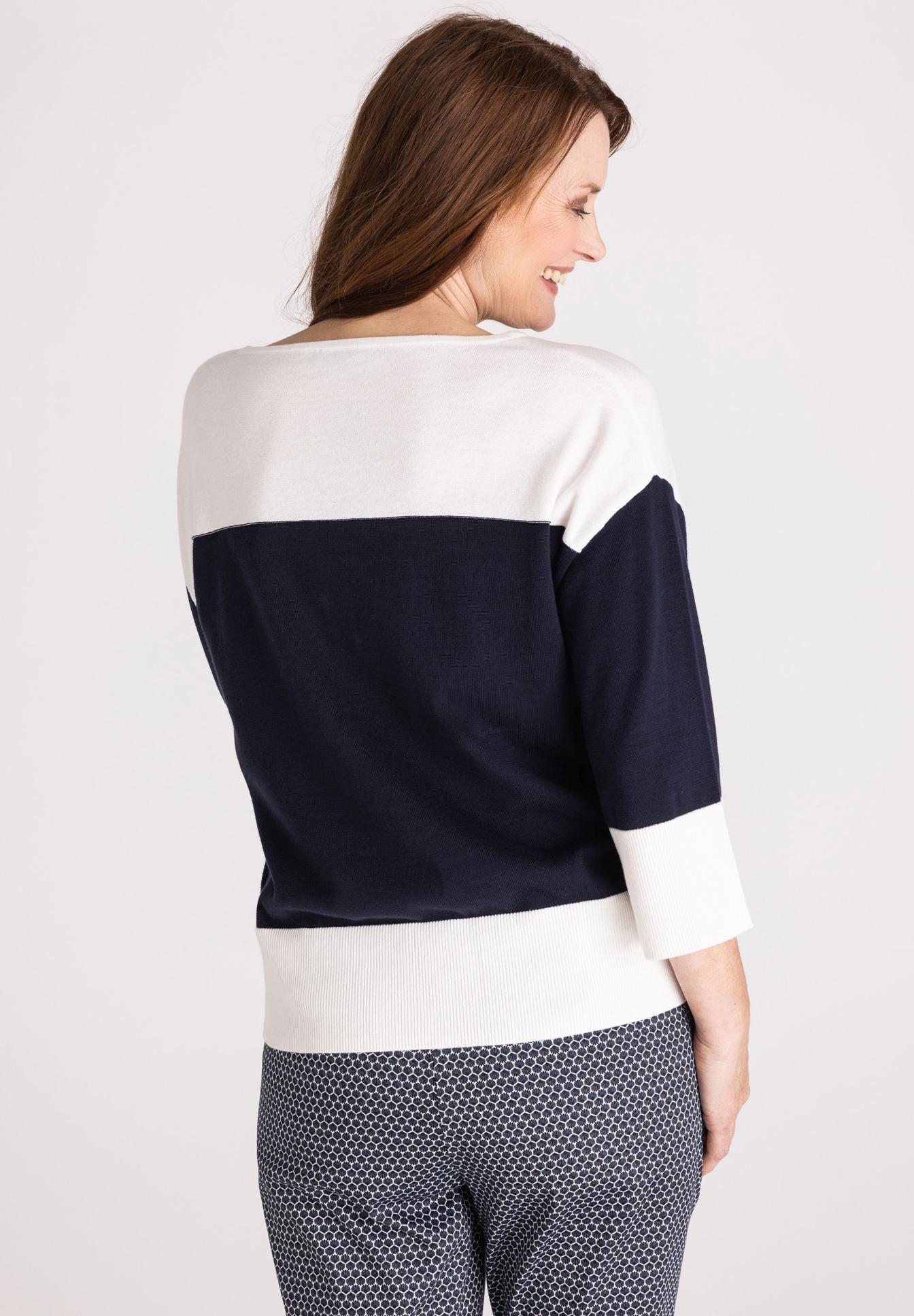 colorblock, navy, white, sweater, longsleeve