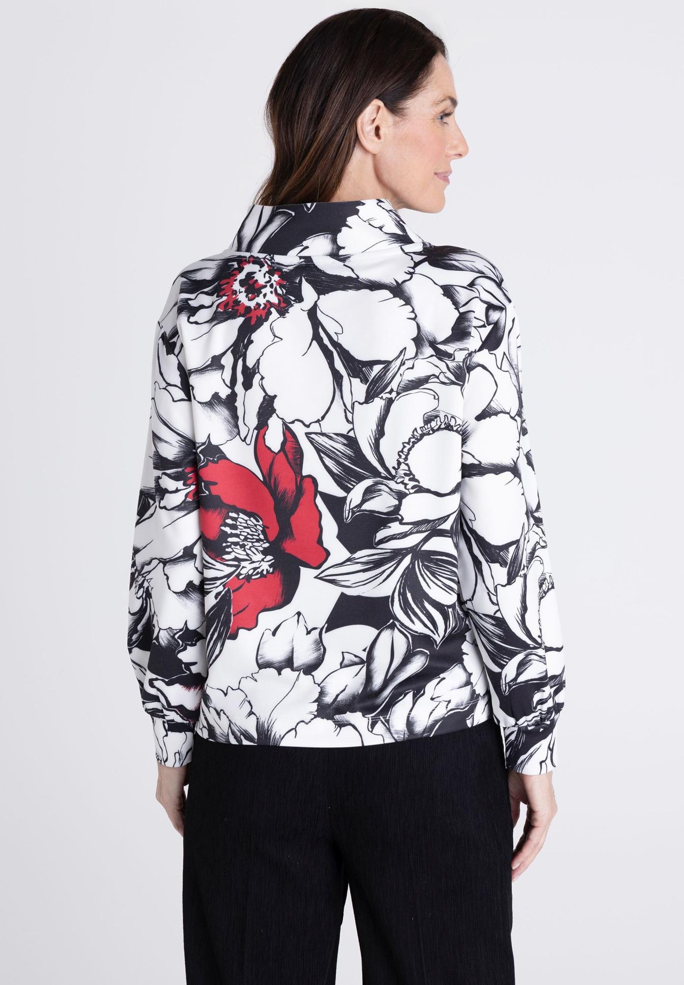 Damenbluse, Langarm, Blumenmuster, Schwarz-Weiß, Rote Akzente