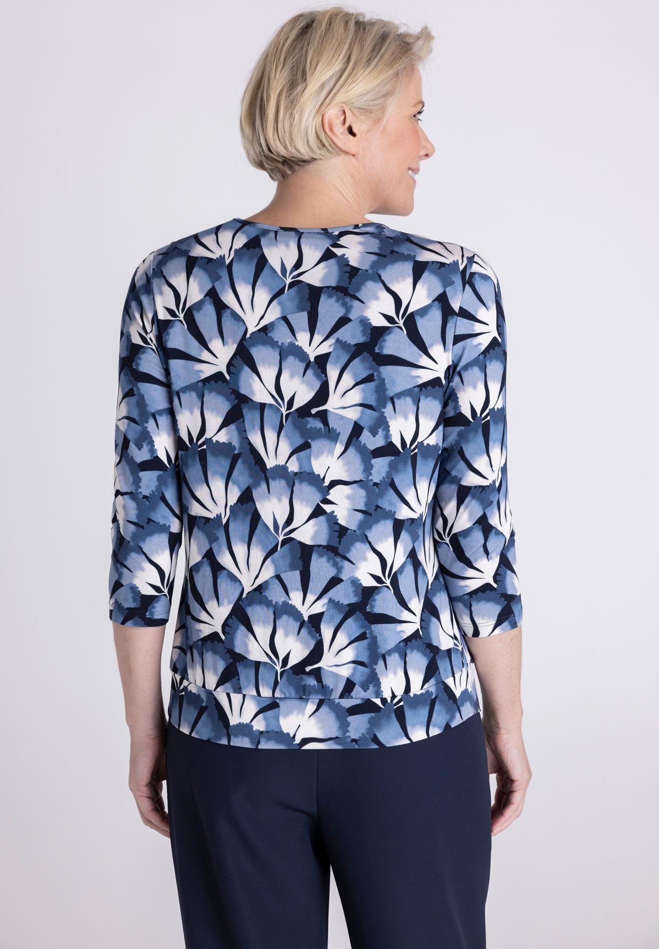 blusenoberteil, blattmuster, 3/4-ärmel, blau, leichte jacke, Bluse, 3/4-Ärmel, Muster, Blau, Rundhalsausschnitt, Bluse, Muster, Druck, 3/4-Ärmel, Hellblau, Blusenshirt, Blue Floral, 3/4 sleeve, Druckmuster, Kragenlos