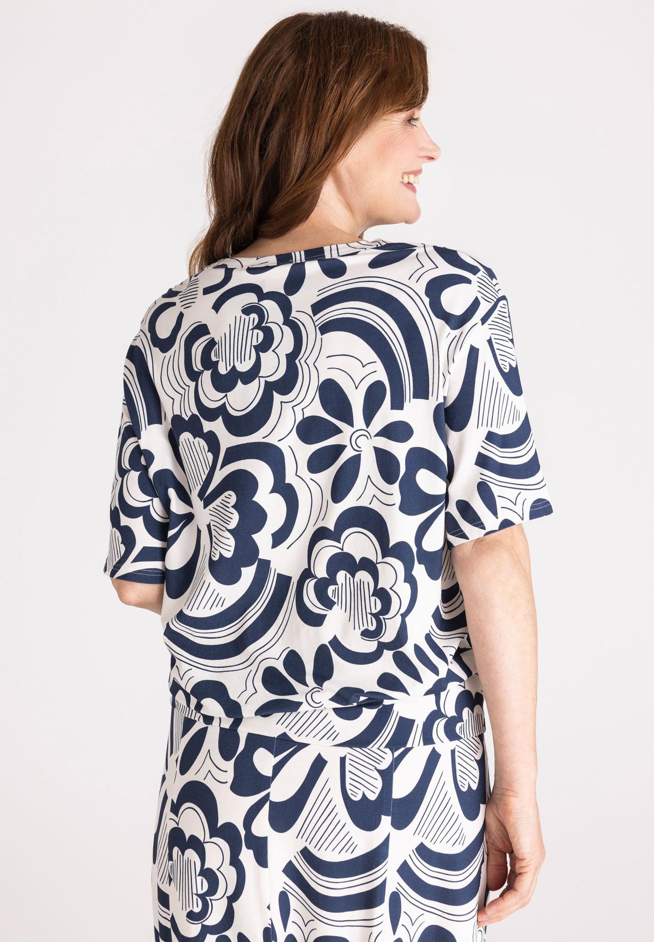 Druck, Blumenmuster, Damenoberteil, Kurzarm, Indigo-weißes Muster