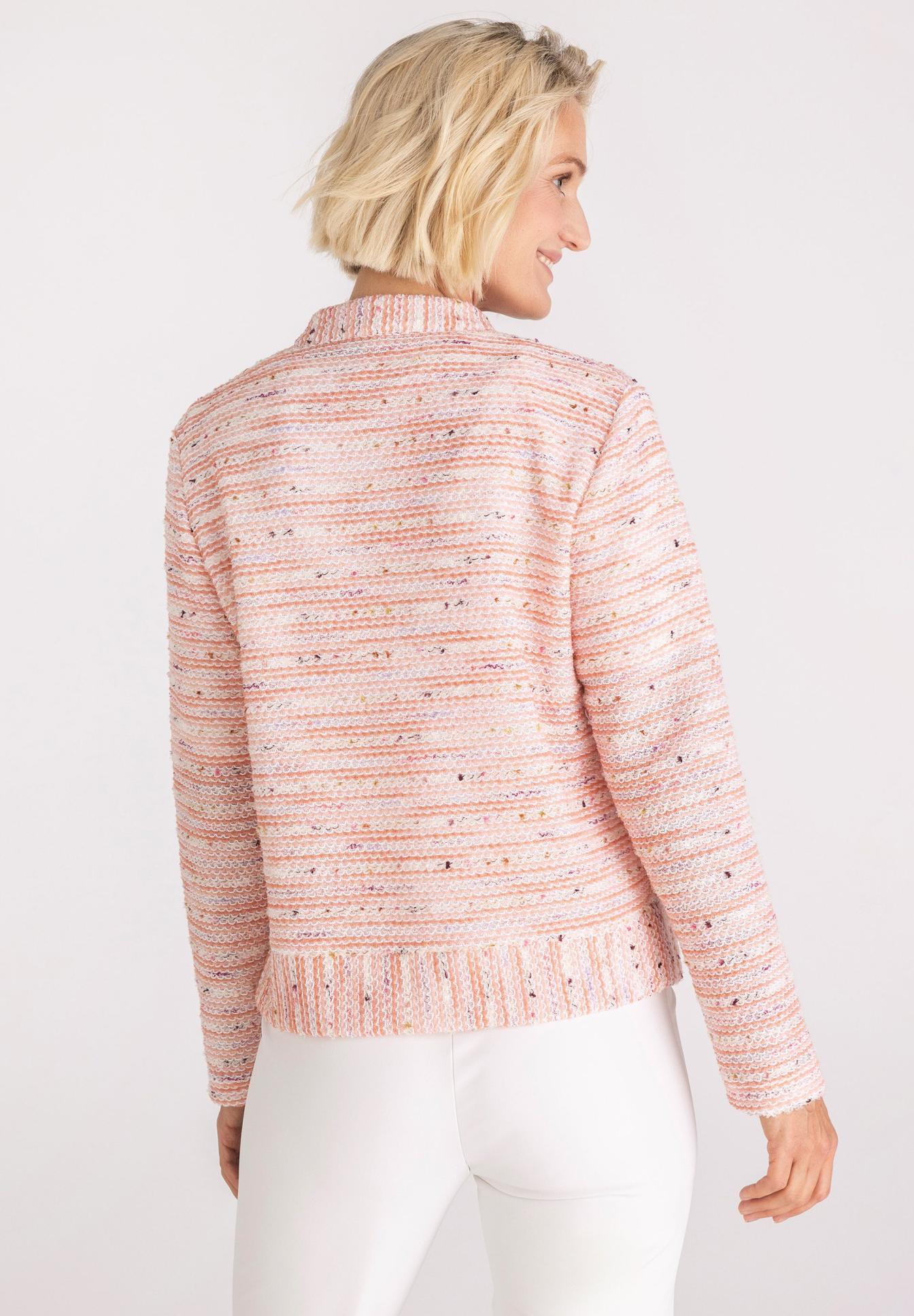 jacke, strickjacke, rosa, gemustert, rippstrick, jacke, Strickjacke, pink, texturiert, Garnstruktur, Strickjacke, Rosa, Gemustert, Kragenlos, Kunstfaser