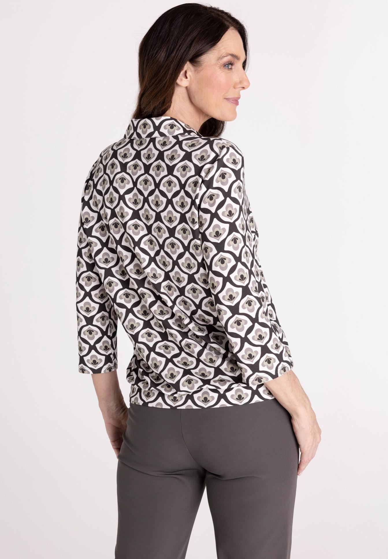 bluse, geometrischer musterm, langarm, knopfleiste, hellgrau-schwarz