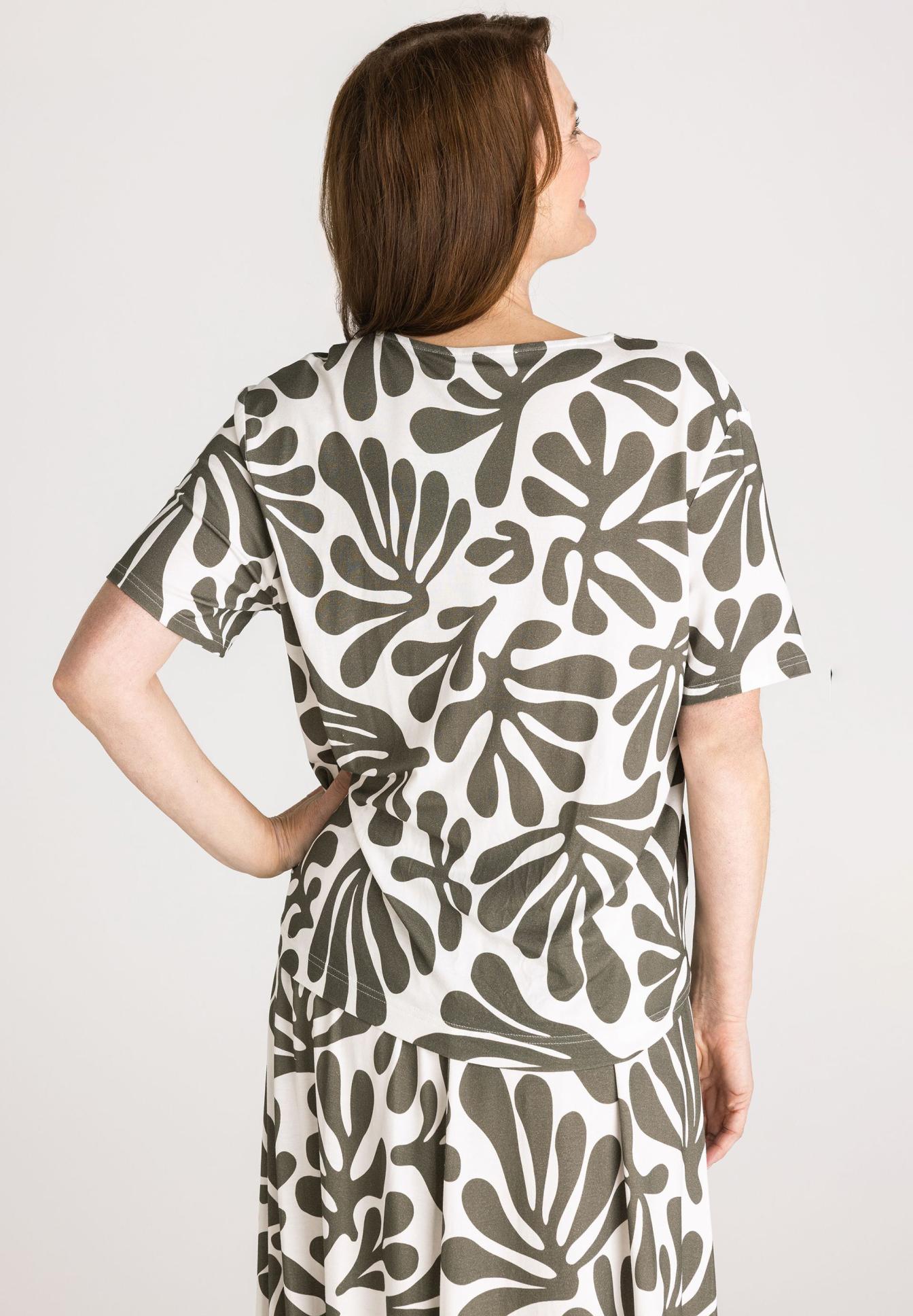 Druck-Print, Blätter- Muster, Kurzarm-Shirt, Weißgrau, Kombination-Set, shirt, blouse, kurzarm, muster, abstrakt, Kurzarmshirt, Druck, Blättermuster, Weiß, Grün-oliv, T-Shirt, Kleid, Baumwolle, Druck, Muster