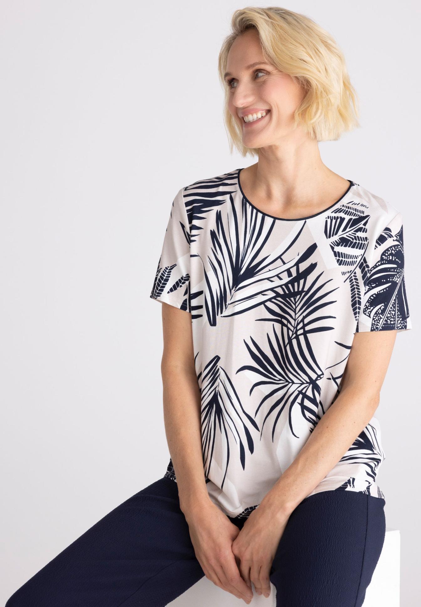 T-Shirt, Palmblatt-Print, Kurzarm, Weiß, Dunkelblau, T-Shirt, Kurzarm, Bedruckt, Pflanzenmotiv, Beige, Tee, Shirt, Palmendruck, Hemdshirt, Kurzarm, Kurzarm-Shirt, Druck-Top, Palmblatt-Print, Beige, Alltagsshirt