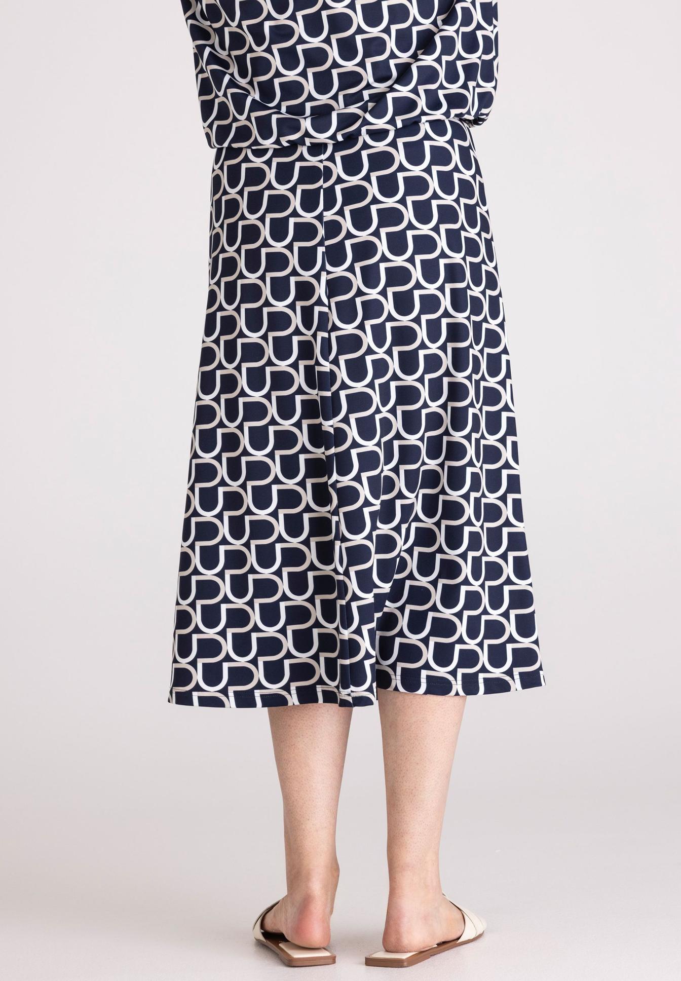 Navy-blue-rok, Gemustertes rock, Midi-Länge, Geometrisches Muster, Überwurf-Design, Rockabilly, Geometrisches Muster, Marineblau, Midi-Rock, Overlappender Rock-Ansatz, Midi-Rock, Navy, Pattern, Geometrisch, Knielang