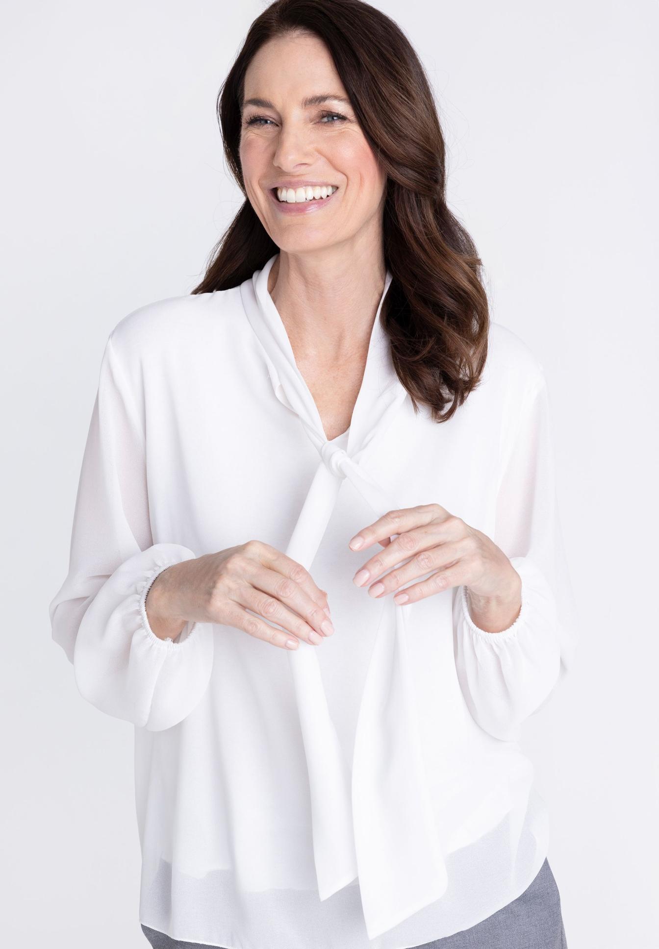 weiße Bluse, Schleife, Langarm, Vorne gebundene Bluse, Baumwolle?, weiße-bluse, elegant, v-neck, langarm, knopflos