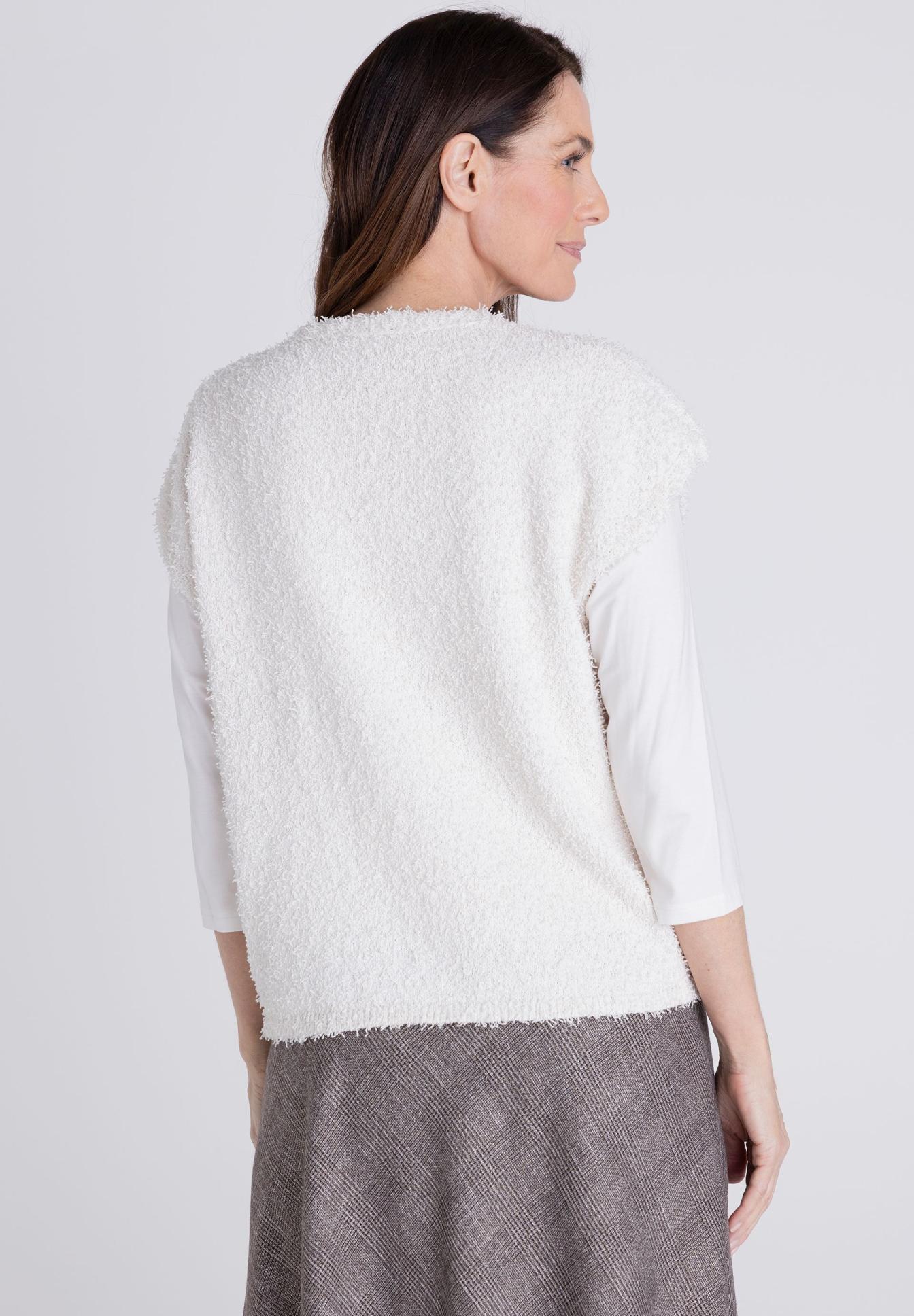 westvest, weiße weste, teddy-optik, oberteil, damenveste, Weste, Bouclé, Weiß, Fleece, ohne Ärmel