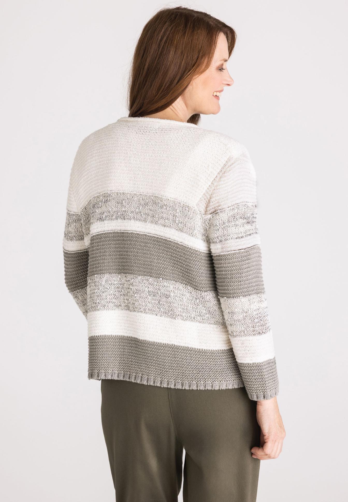 Strickjacke, Pullover, Breite Streifen, Gemusterte Strickware, Weißgrau