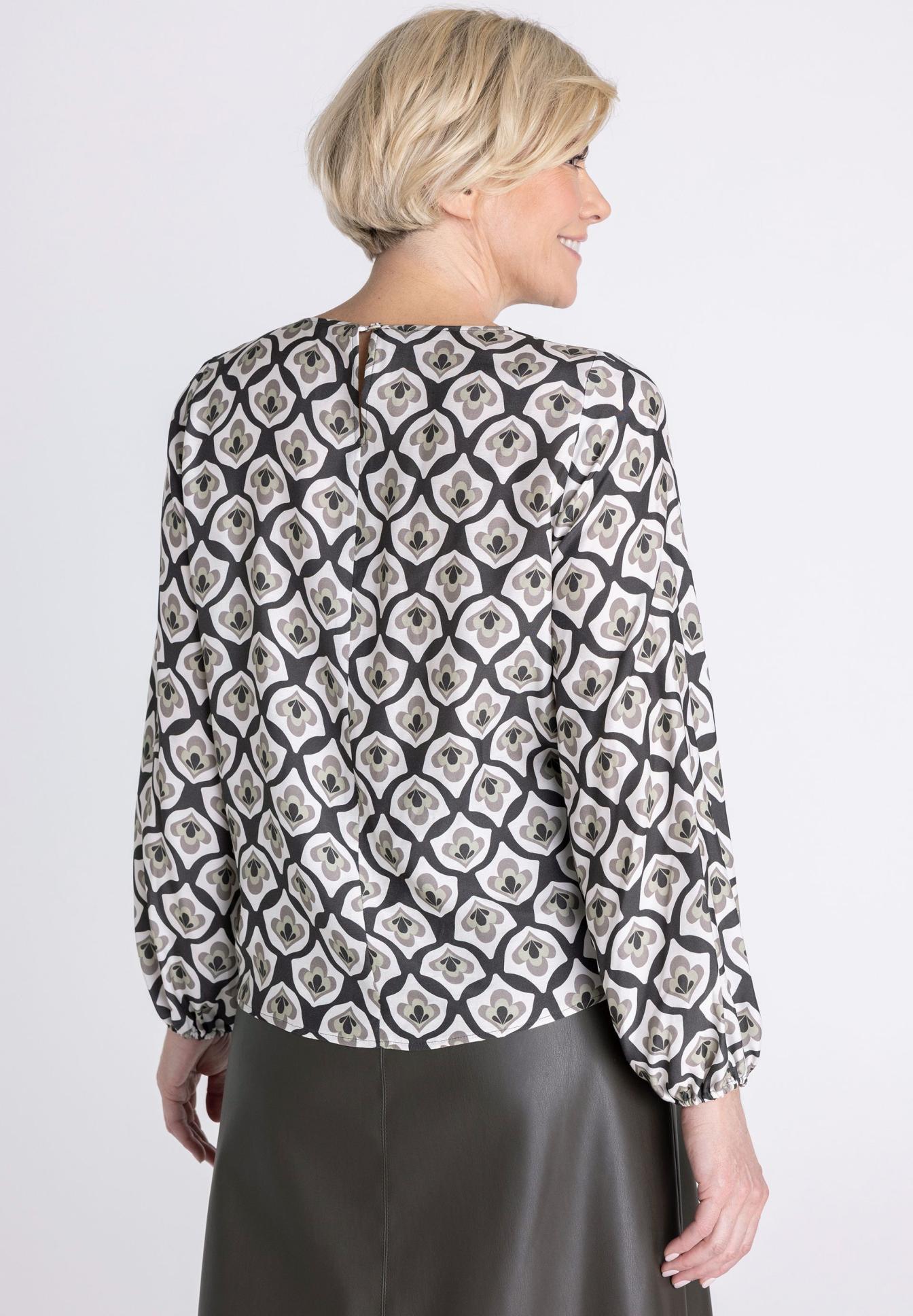 bluse, muster, langarm, rückenansicht, viskose, Bluse, Druck, Langarm, Mantelärmel, Muster, bluse, druckmuster, langarml, polyester, weiss-schwarz