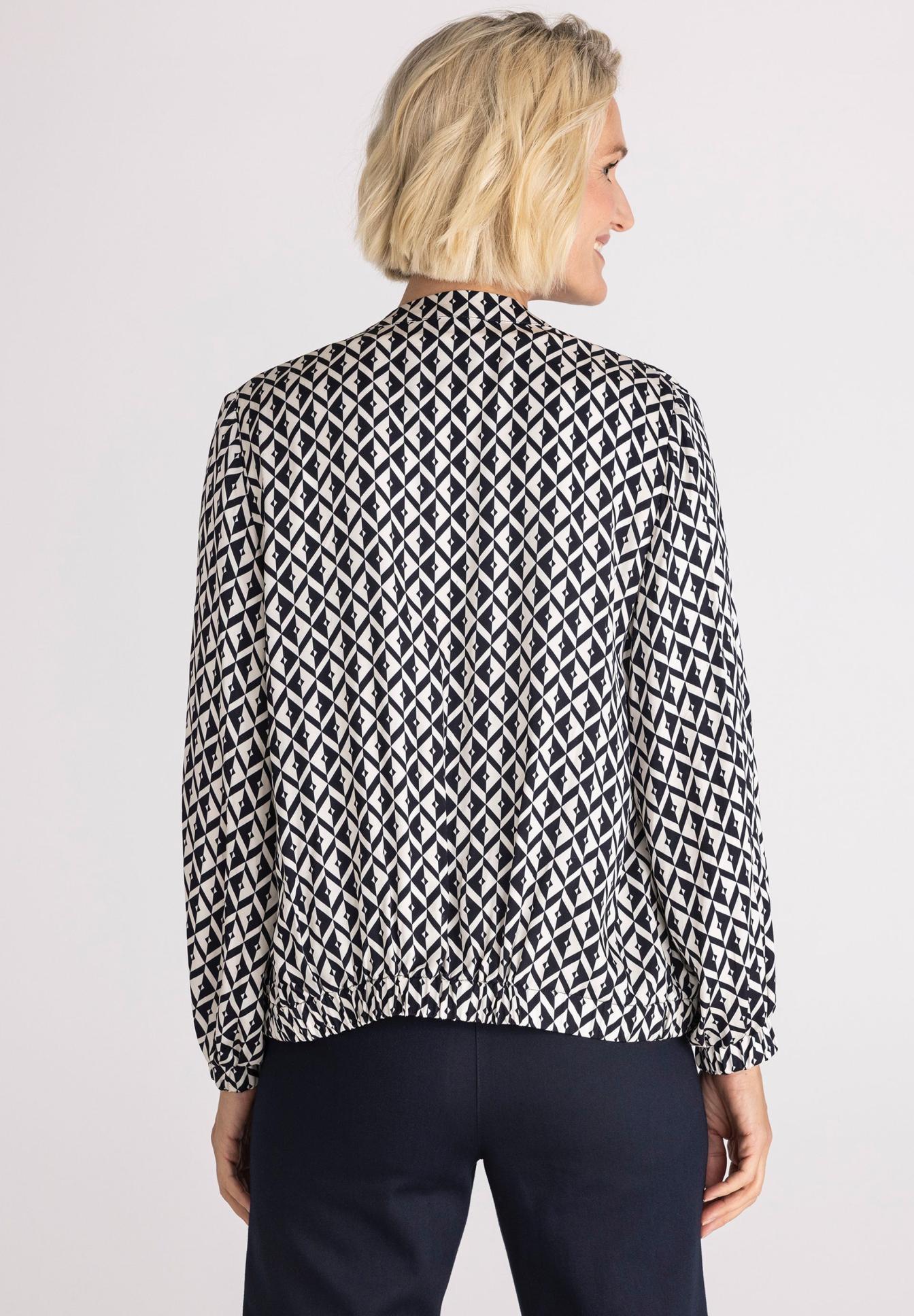Geometric Muster, Bluse, Langarm, Rundhalsausschnitt, Breite Elastiksaum, Jacke, Geometrisches Muster, Langärmlig, Schwarz-Weiß, elastischer Bund, bluse, druck, geometrisch, langarm, schwarz-weißer mustermix