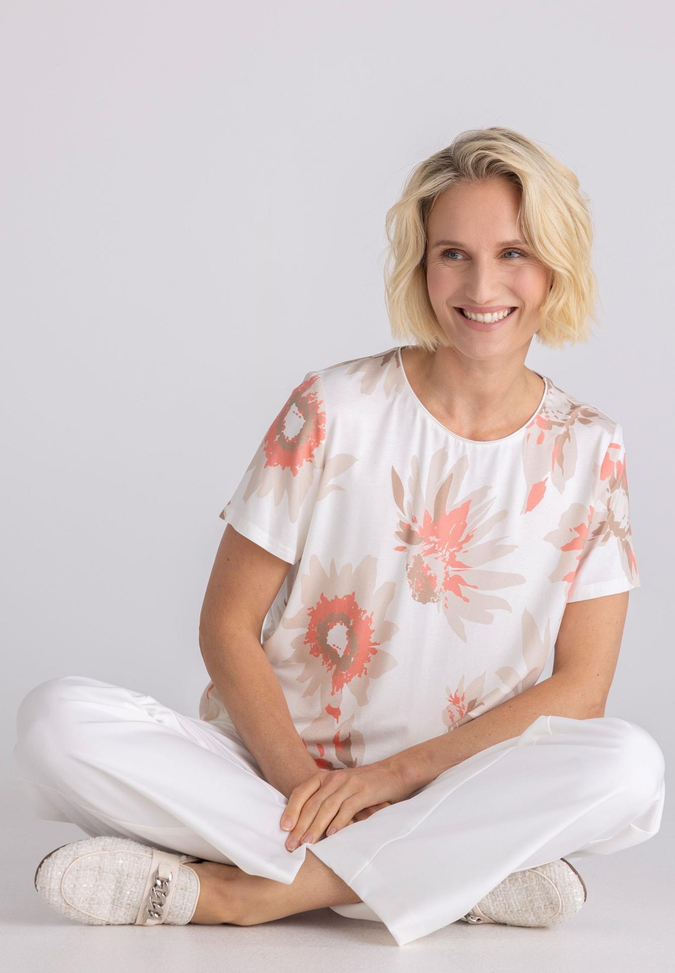 Blumenprint, Top, Kurze Ärmel, Weiße Hose, Bequeme Kleidung, Bluse, Blumenmuster, Kurze Ärmel, Weiß, Bequeme Kleidung, blusenoberteil, blumenmuster, weiss, kurzarm, komfort