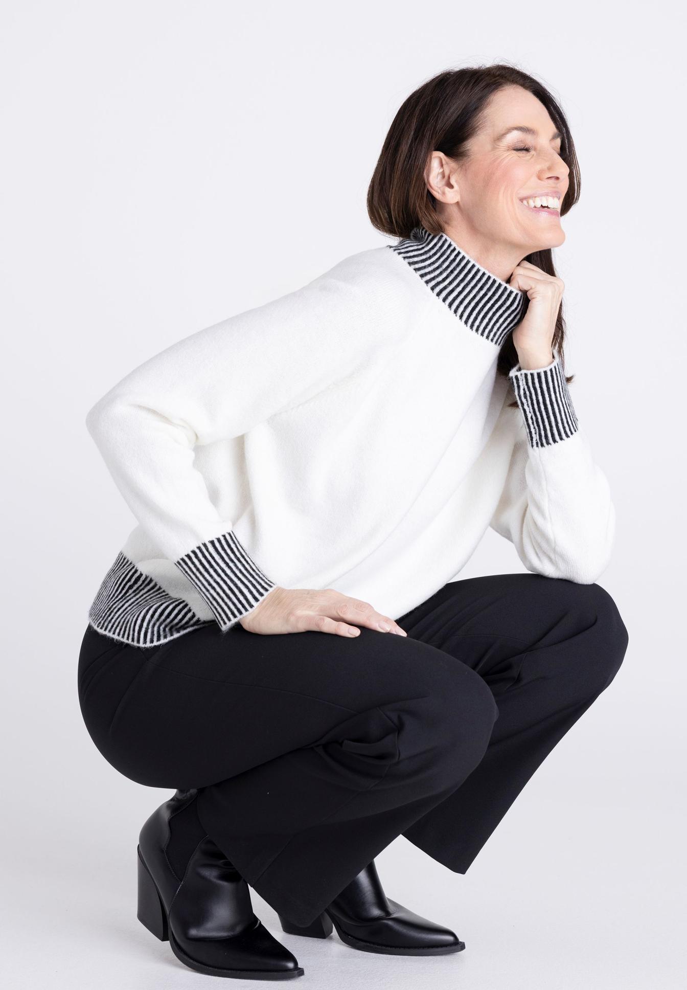 Pullover, Weiß, Stehkragen, Gestreifte Bündchen, Strick