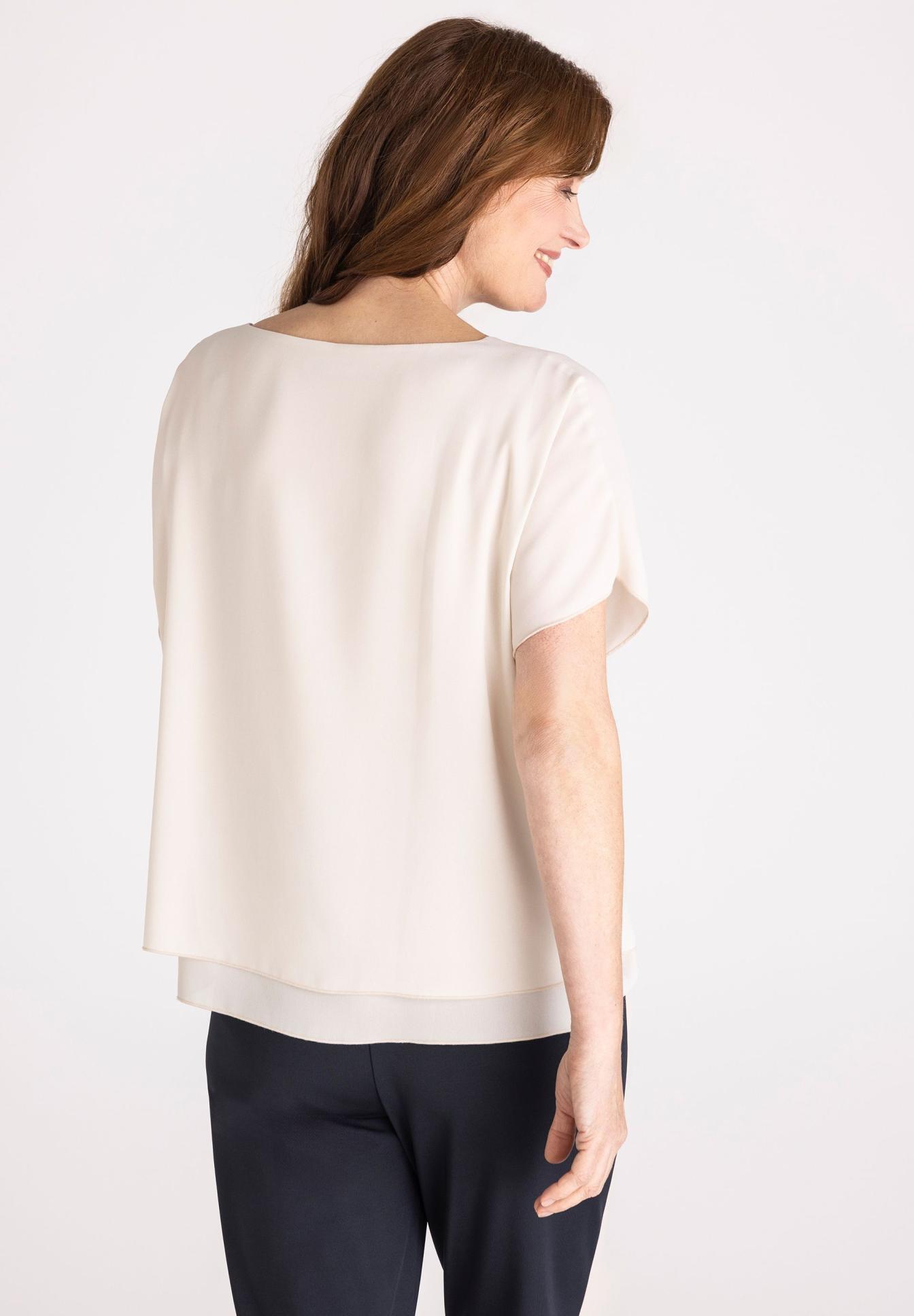 beigees Oberteil, kurzarm, Bluse, Crepe, gestufter Saum, Bluse, Rundhalsausschnitt, Kurze Ärmel, Beige, Verschlusslose Schicht, bluse, crepe, beige, kurzarm, lose, bluse, beige, kurzarm, ecru, weiche, Bluse, Kurzarm, Beige, Weiß, Oversized