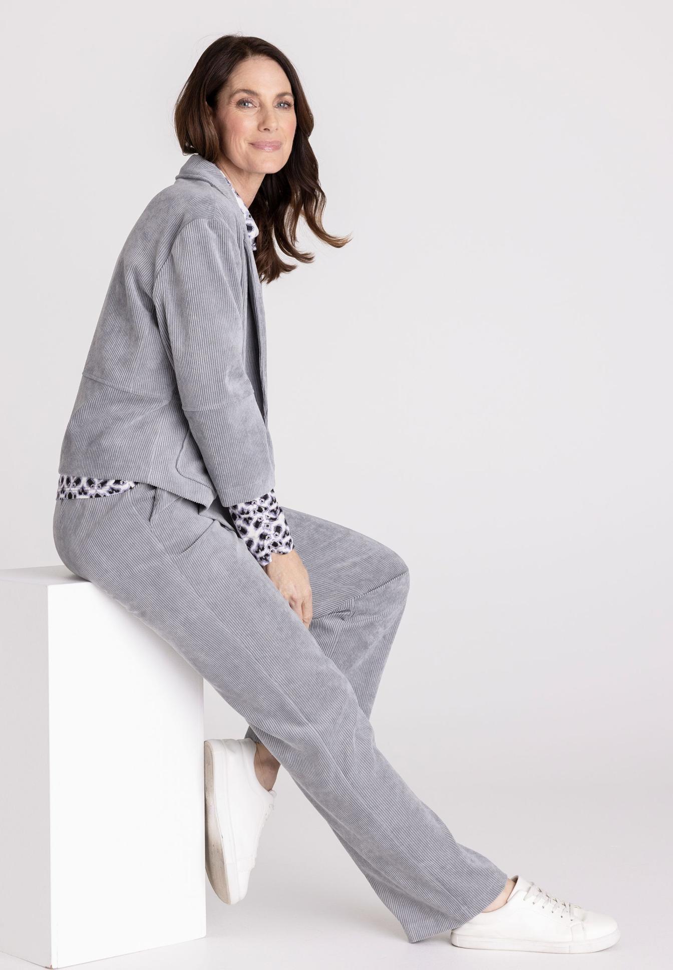 Corduroy, Loungewear, Grau, Zweiteiliger Satz, Leoparden-Print, Corduroy, Loungewear, Oversized, Grau, Pants