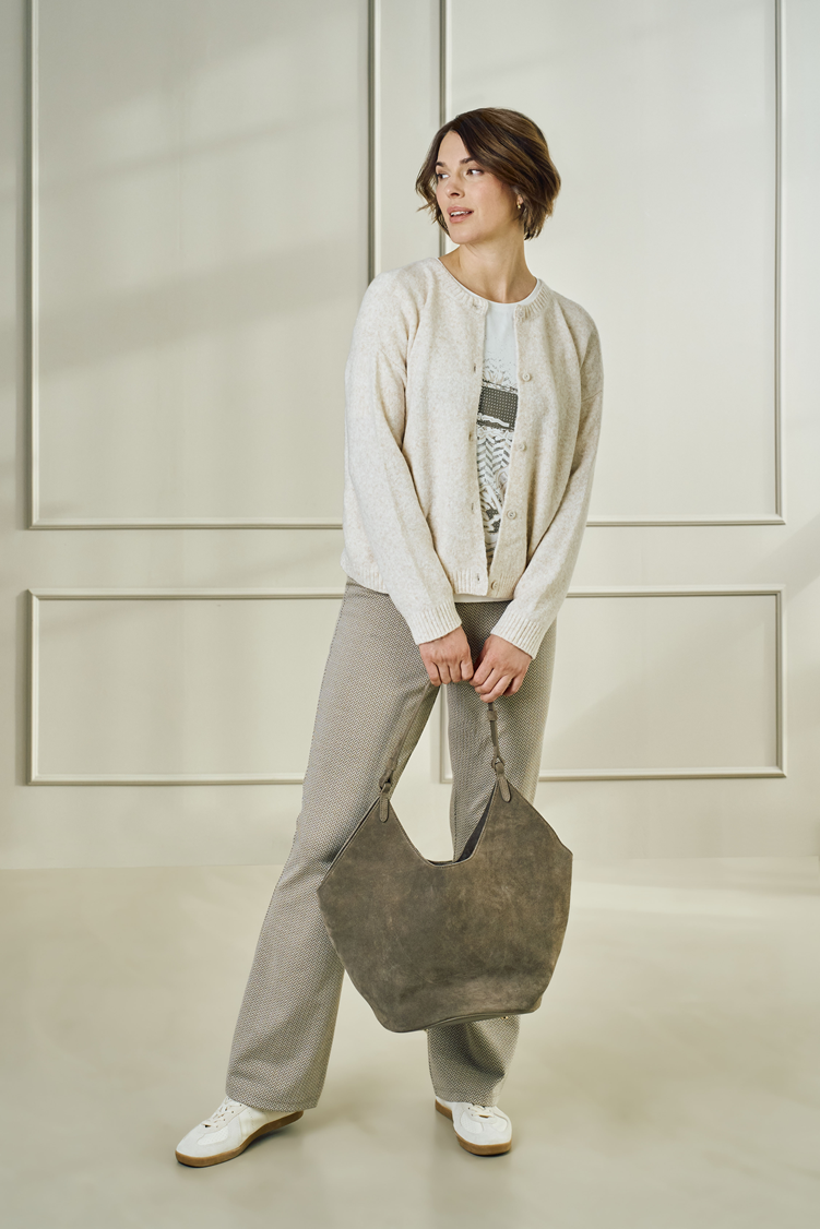 Cardigan, Beige, Wool blend, Trousers, Handbag