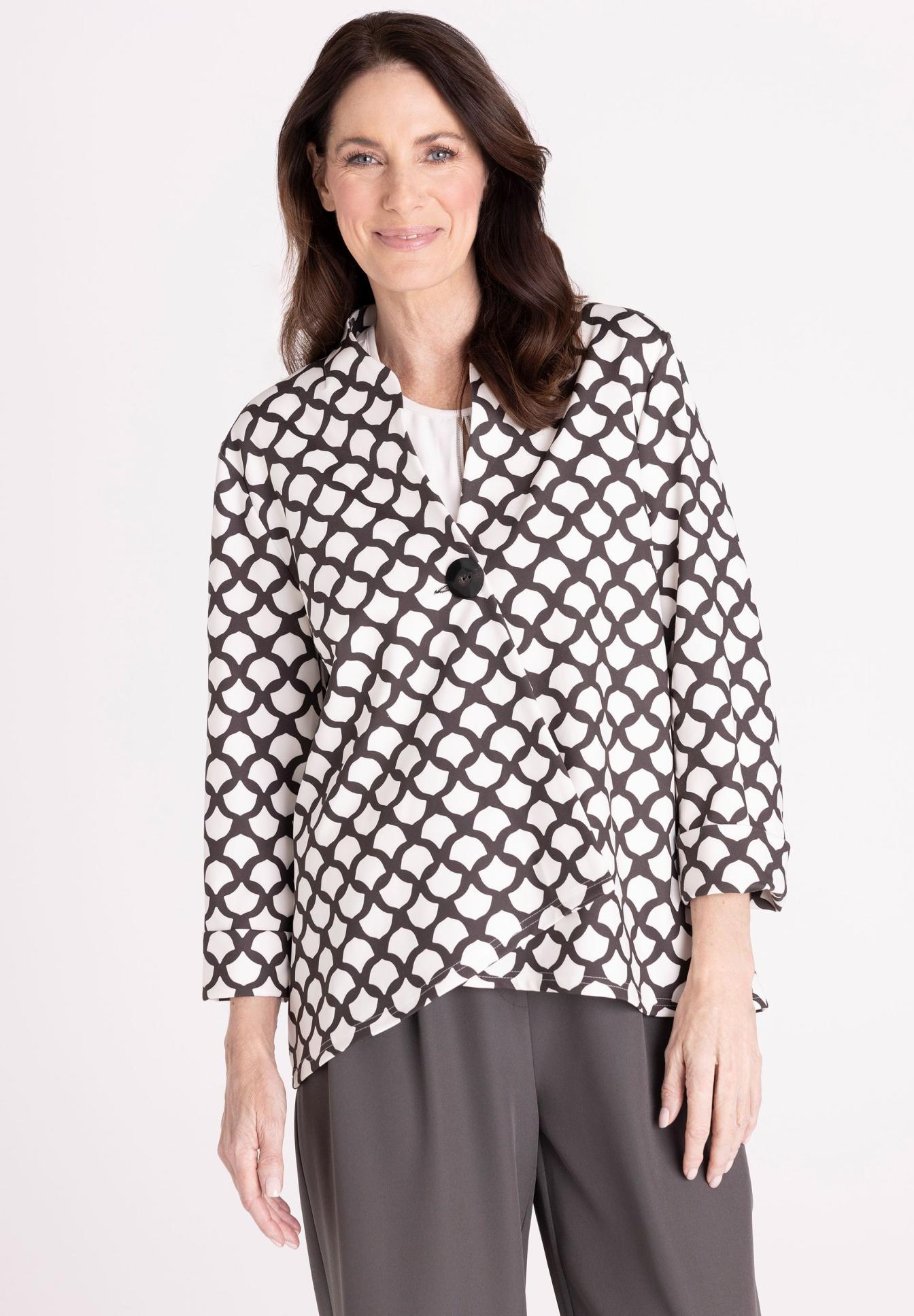 Jacquardjacke, Gemustertes Blazer, Schwarz-Weiß Geometrik, Langarm, Knopfverschluss, Blazer, Geometrisches Muster, Langarm, Gemusterter Blazer, Knopfjacke, Blazer, Geometrisches Muster, Hemdjacke, Schwarzweiß, Langarm