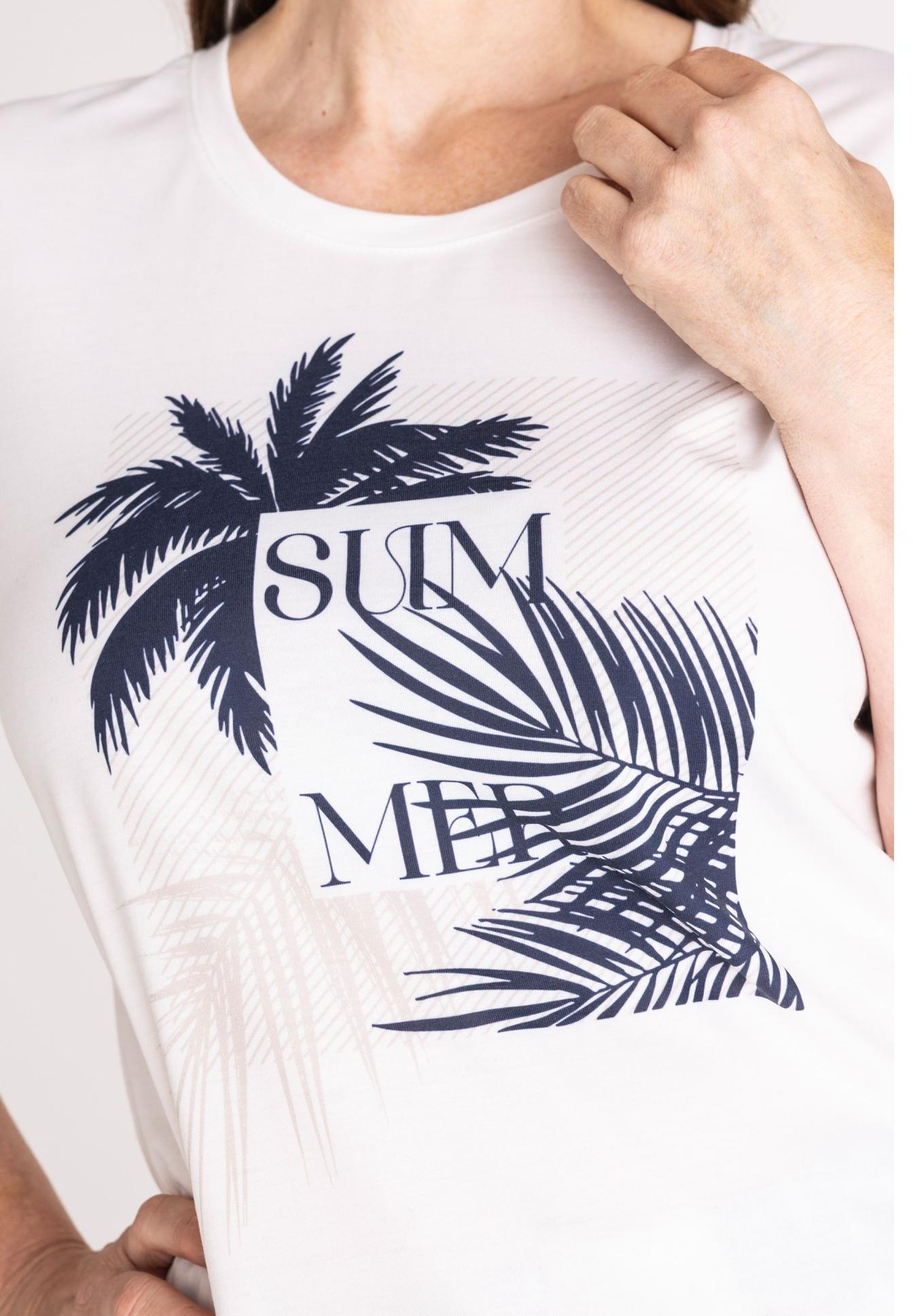 Tee, Weißes T-Shirt, Palm Print, Kurzarm, Sommerlook, T-Shirt, Weiß, Palmenblätter, Grafik, Rundhalsausschnitt, T-Shirt, Weiß, Palmengrafik, Kurzarm, Print, T-Shirt, Sommerlook, Palmenprint, Weiß, Rundhalsausschnitt, T-Shirt, Weiß, Druck, Palme, Sommer