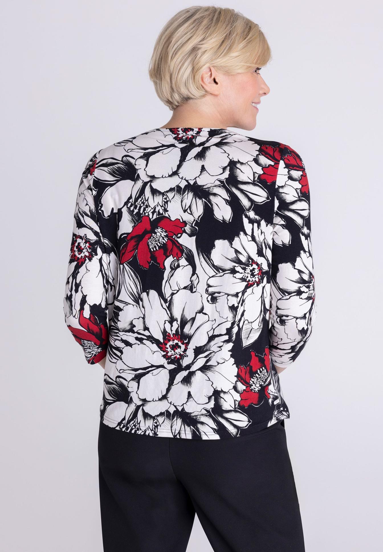 Damenoberteil, Langarmshirt, Blumenmuster, Schwarz-Weiß-Rot, Rundhalsausschnitt