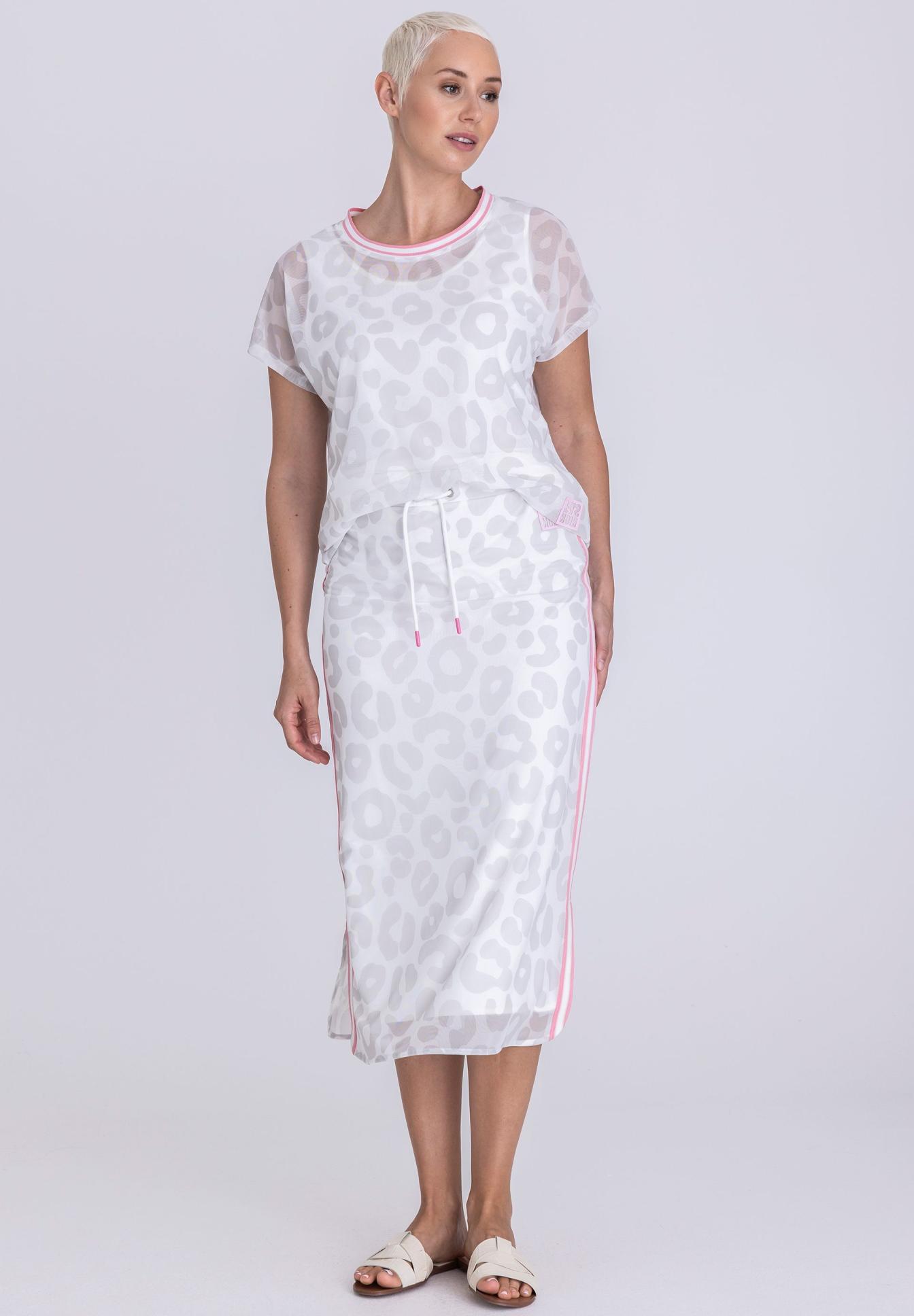 Leopard pattern, Women's dress, Lightweight dress, White dress, Drawstring skirt, Leopard-Print, T-Shirt, Kleid, Mesh-Stoff, Weiß, Leopard Muster, Weißes Kleid, Midi-Kleid, Drawstring, Rundhals, Leopardprint, Hose, Weiß, Kleid, Drawstring