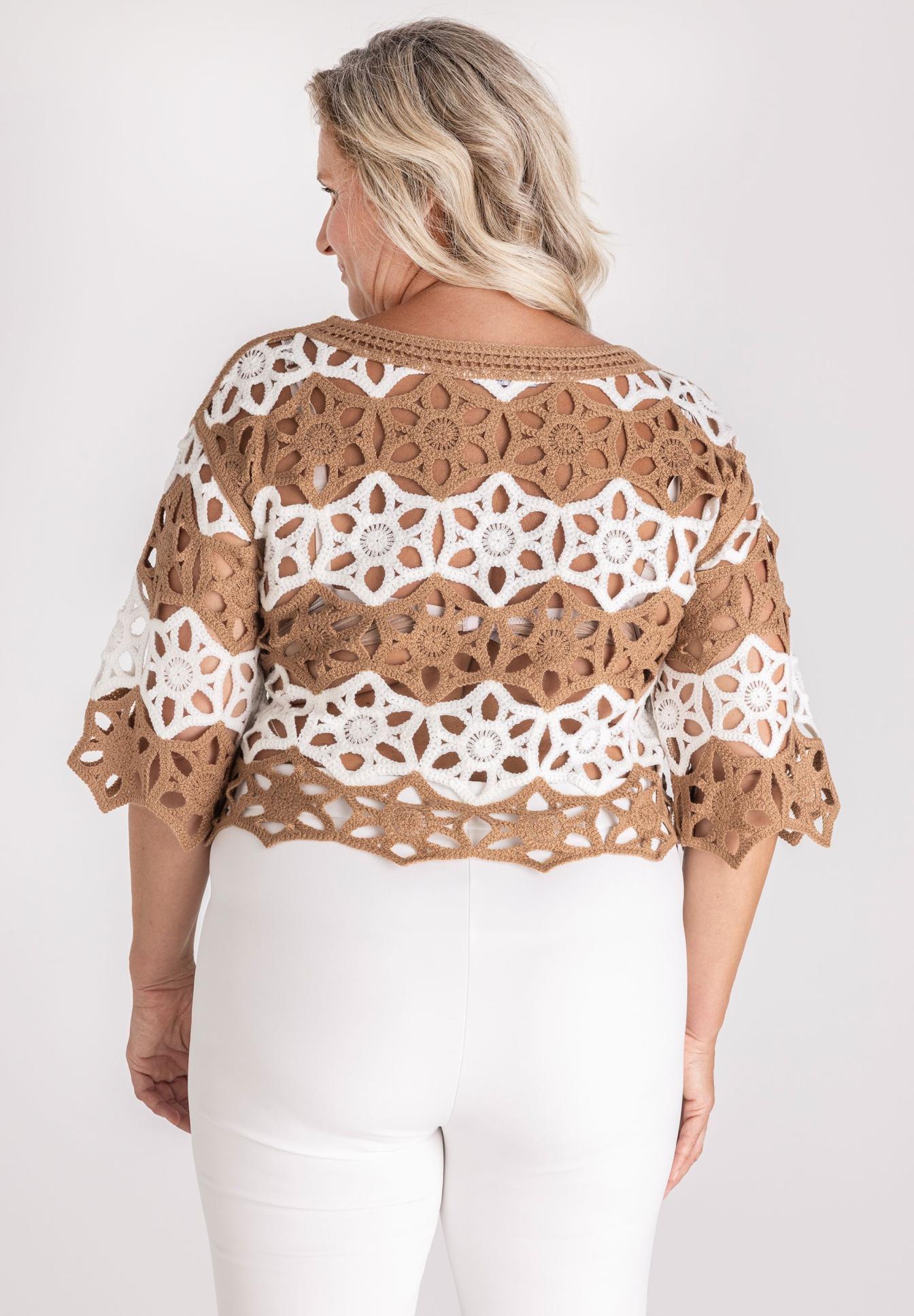  Häkeljacke,  Spitzenmuster,  Blumenmuster,  Strickware,  Musterblöcke, Lace, Crochet, Muster, Braun, Weiß, Spitzenoberteil, Crochet, Braun, Weiß, Muster