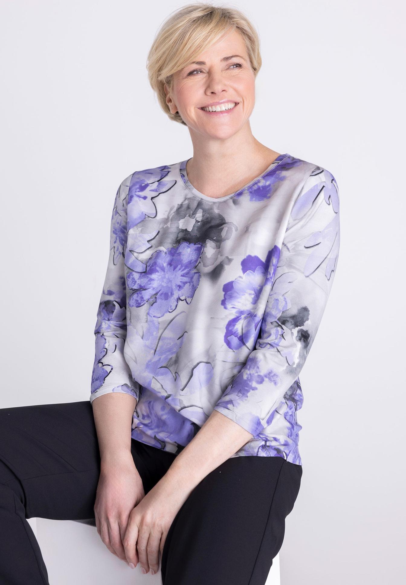 Bluse, Blumenmuster, Lila, 3/4-Ärmel, Rundhalsausschnitt, Blusenoberteil, Print, Blumenmuster, Lila, Rundhalsausschnitt