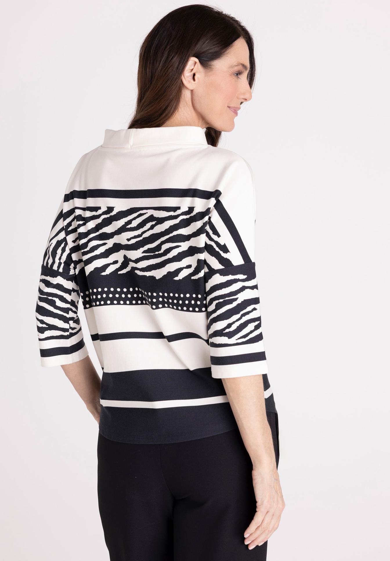 Bluse, Animal-Print, Zebra, Karo, Streifen, Bluse, Tiermuster, Zebrastreifen, Druck, Kragen