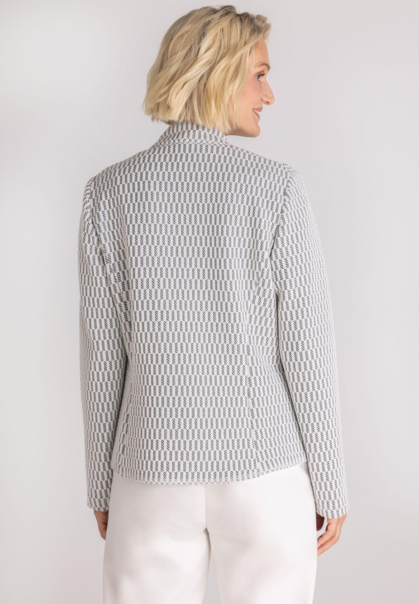 Blazer, Geometrischer Muster, Kariert, Langarm, Rückenansicht, Blazer, Hinterteil, Pattern, Geometrischer Muster, Kragen, Blazer, Jacket, Geometric pattern, Long sleeves, Grey/Black, Jacket, Musterjacke, Lange Ärmel, Hellgrau, Strukturierter Stoff