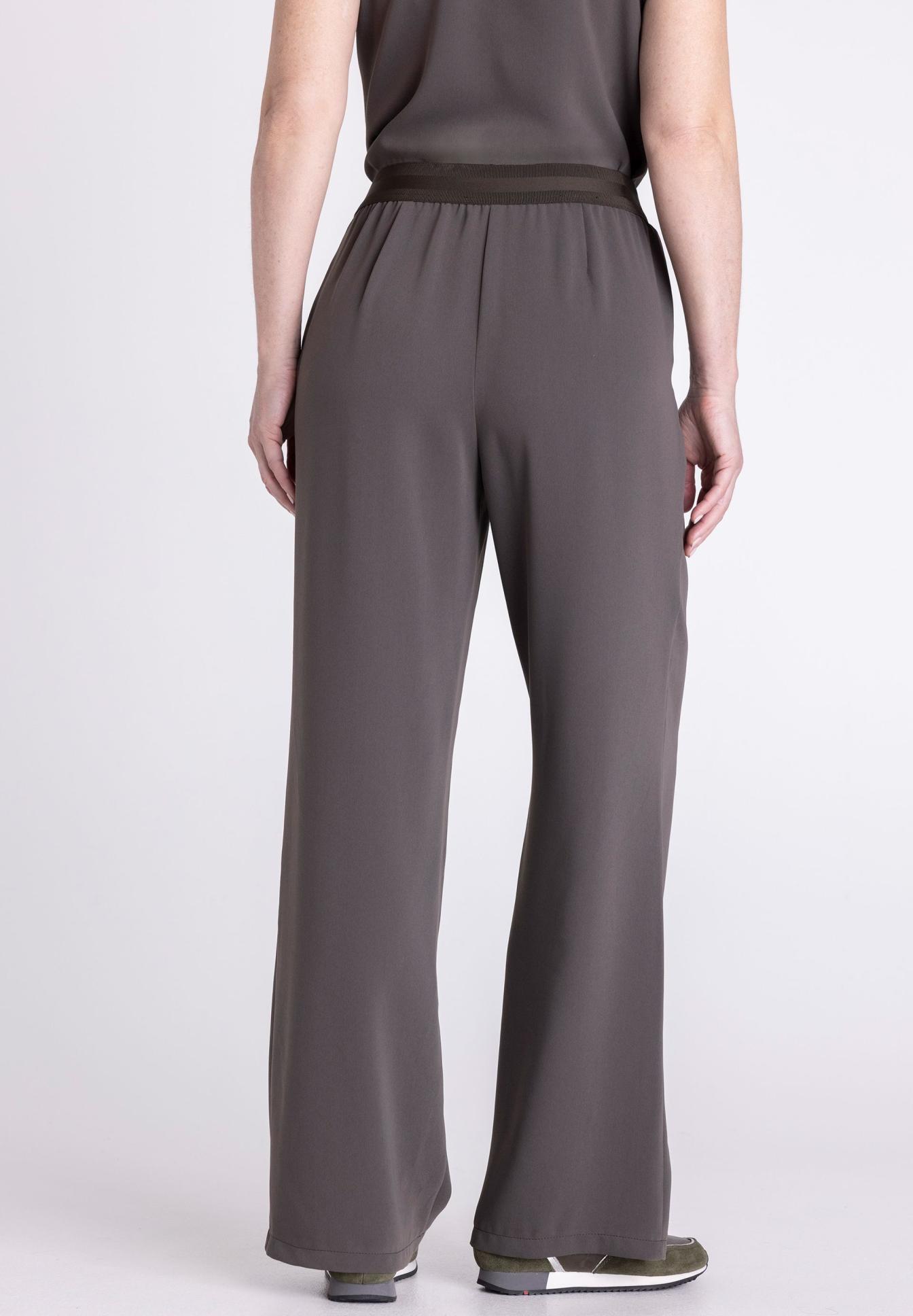 hose, weite beine, taillenband, frei fall, mattgrau, weite Beinführung, grau, elastischer Bund, weiches Gewebe, volle Länge, hose, weites Bein, gürtelband, glänzender stoff, lang, Hose, Weite Hose, Palazzo-Hose, Grau, Elastischer Bund