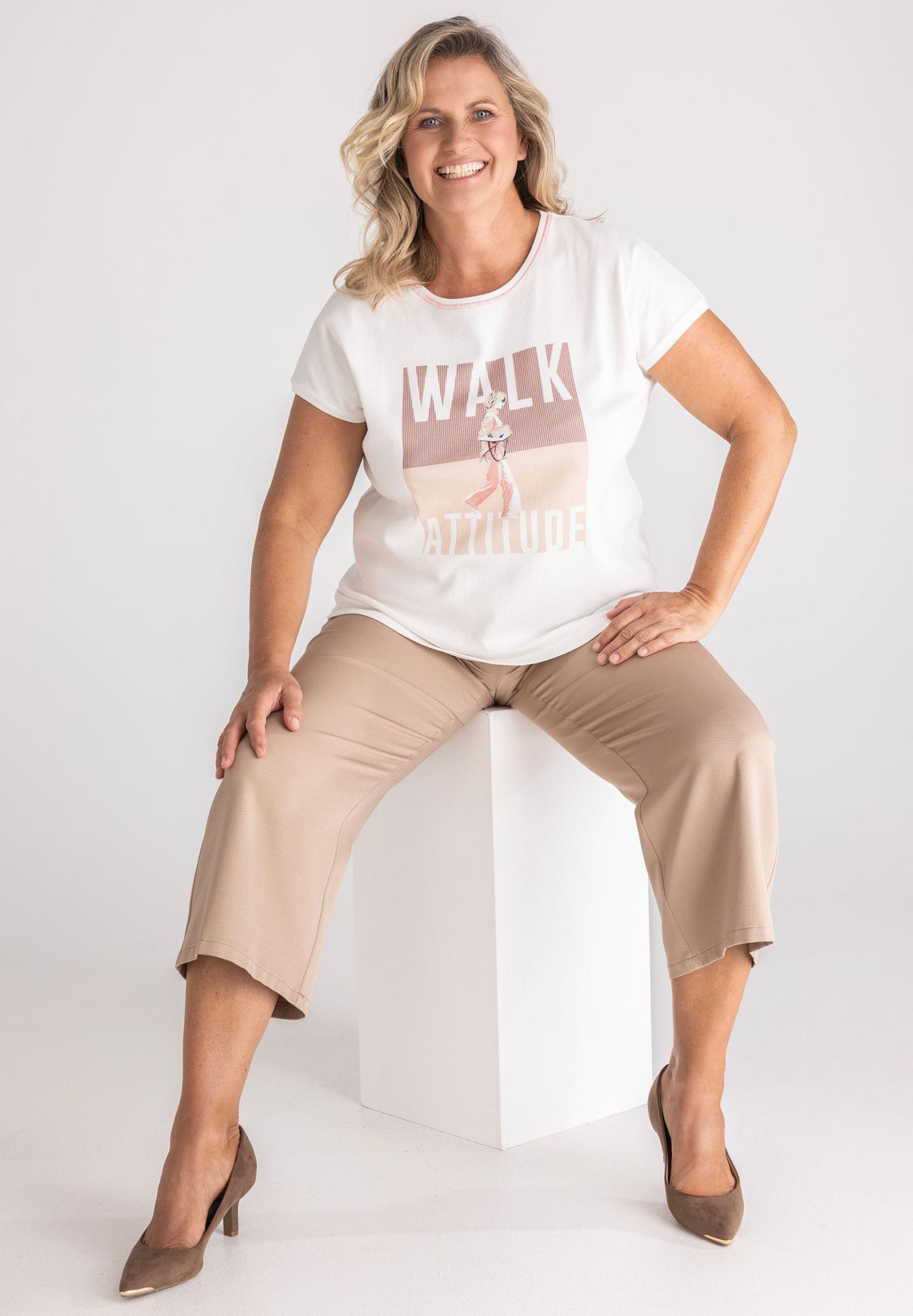 Tee, T-Shirt, Weiße Shirt, Printshirt, Walk Attitude, t-shirt, casual, beige pants, palm-shirt, graphic tee, t-shirt, Print, kurzarm, beige, casual