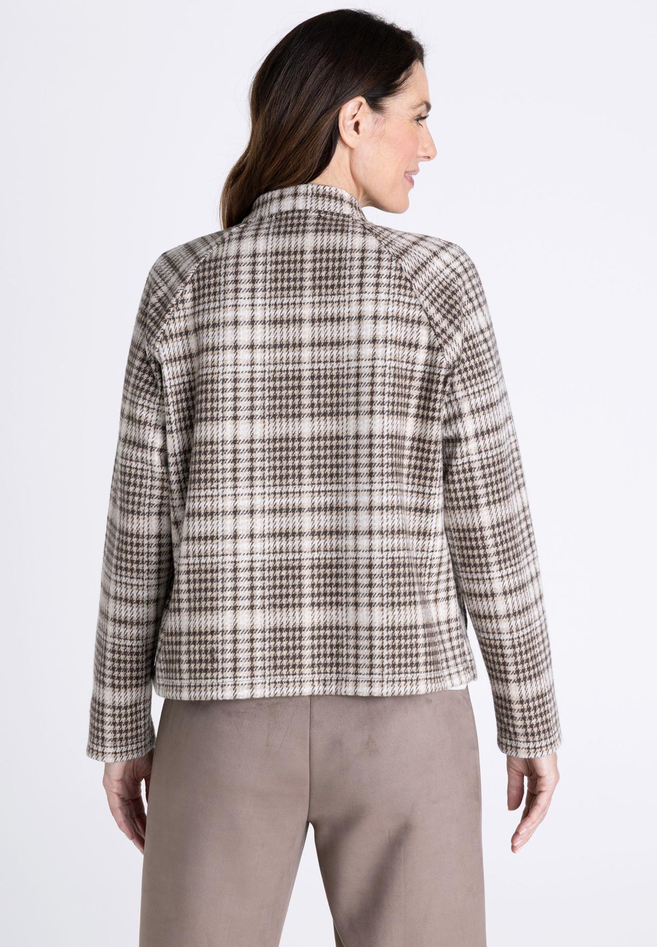 Plüschfell-Optik, Plaid-Jacke, Hahnentrittmuster, Kurze Jacke, Lederersatz-Ärmel?