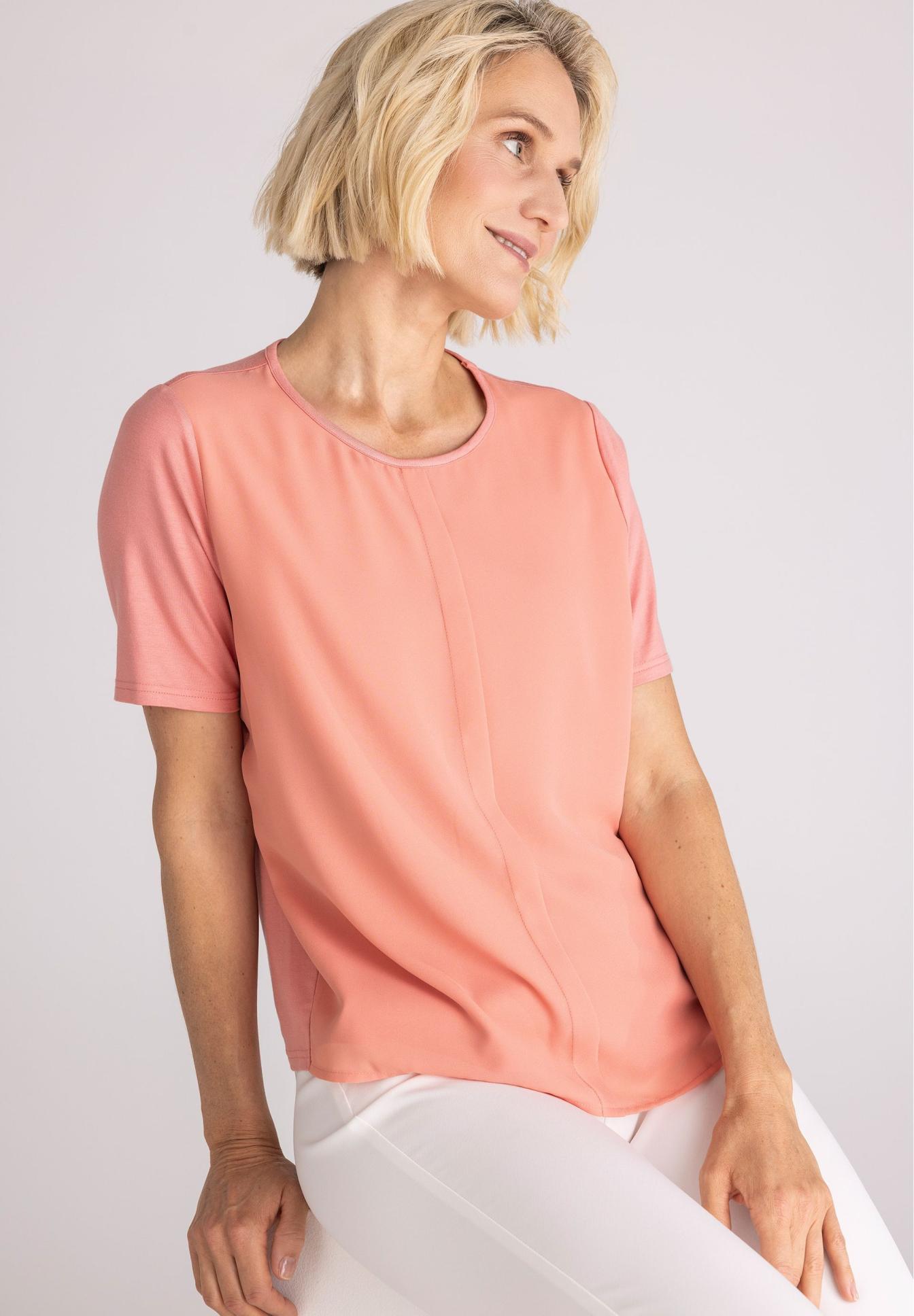 Kurzarm, Rundhals, Bluse,  peach, einfarbig, Kurzarm, Rundhals, Pale Pink, Blusentop, Glatter Stoff, T-Shirt, Kurzarm, Pfirsich, Rundhalsausschnitt, Unifarben