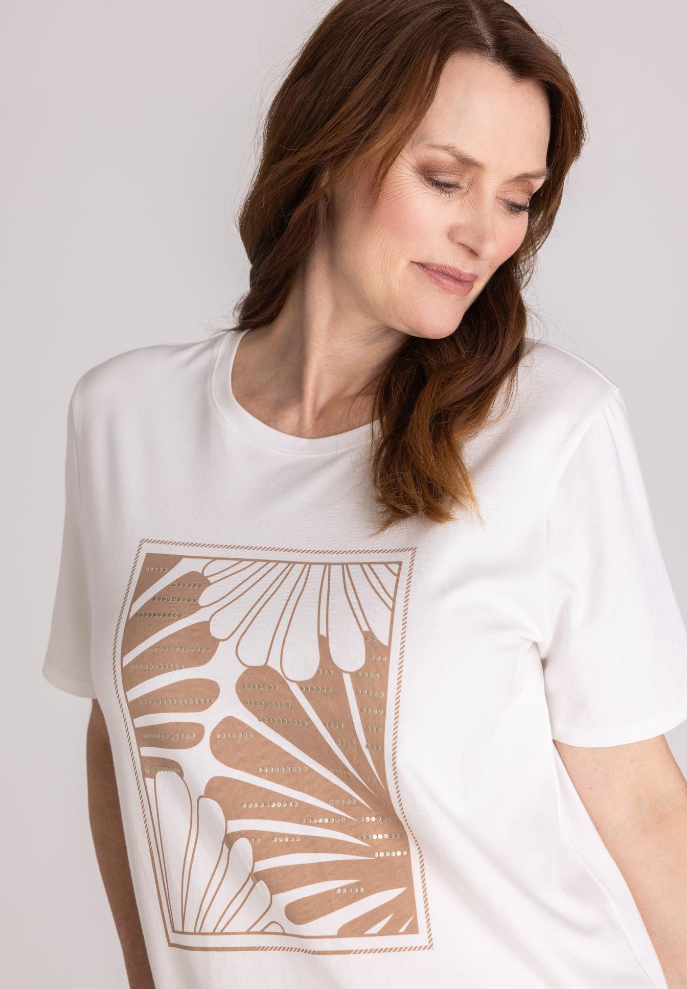 T-Shirt, Weiß, Print, Rundhals, Kurzarm, T-Shirt, Baumwolle, Aufdruck, Farnmuster, weiß, T-Shirt, White, Graphic, Pattern, Short sleeve