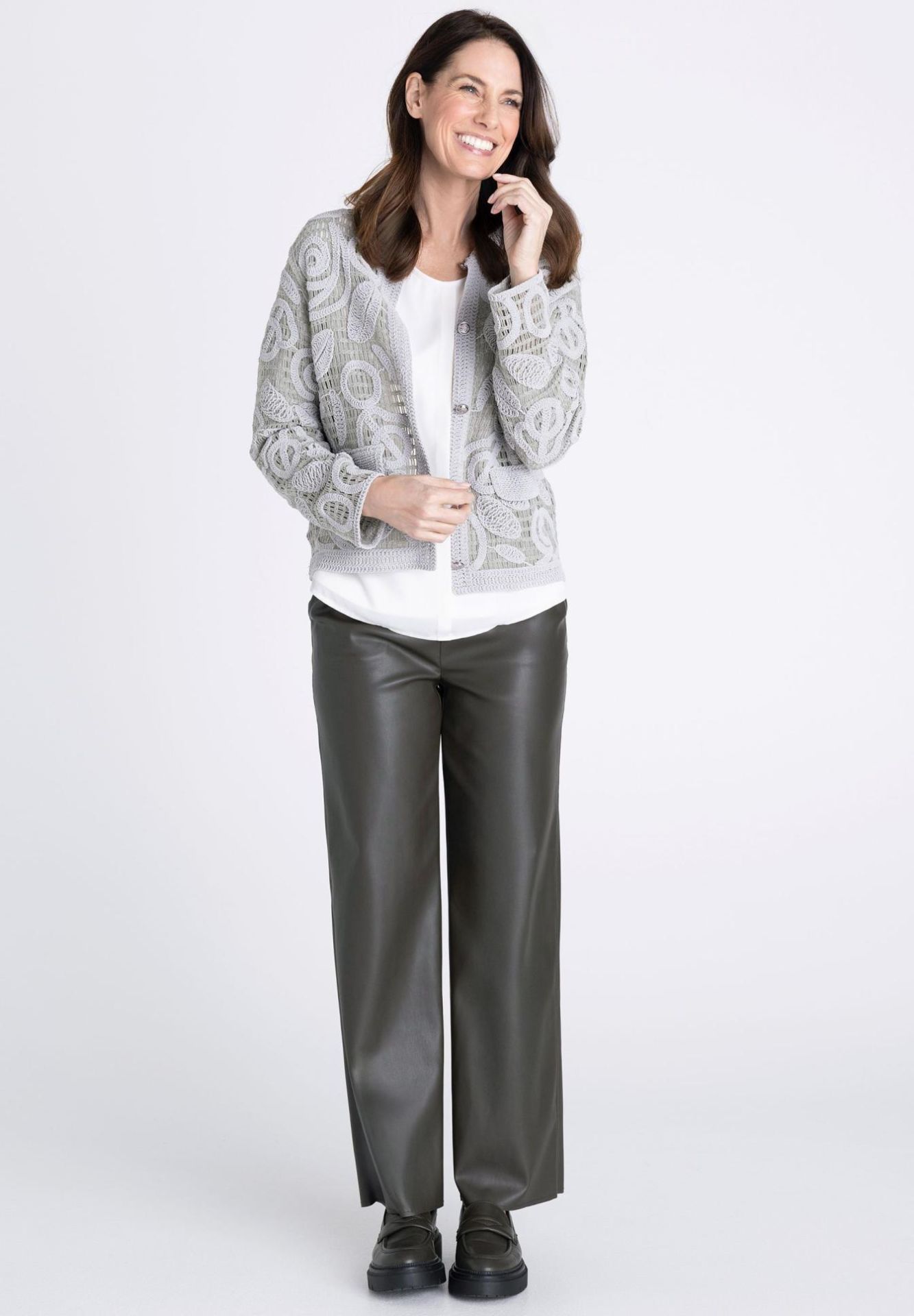 Cardigan, Knitwear, Grau, Lace pattern, Open-front