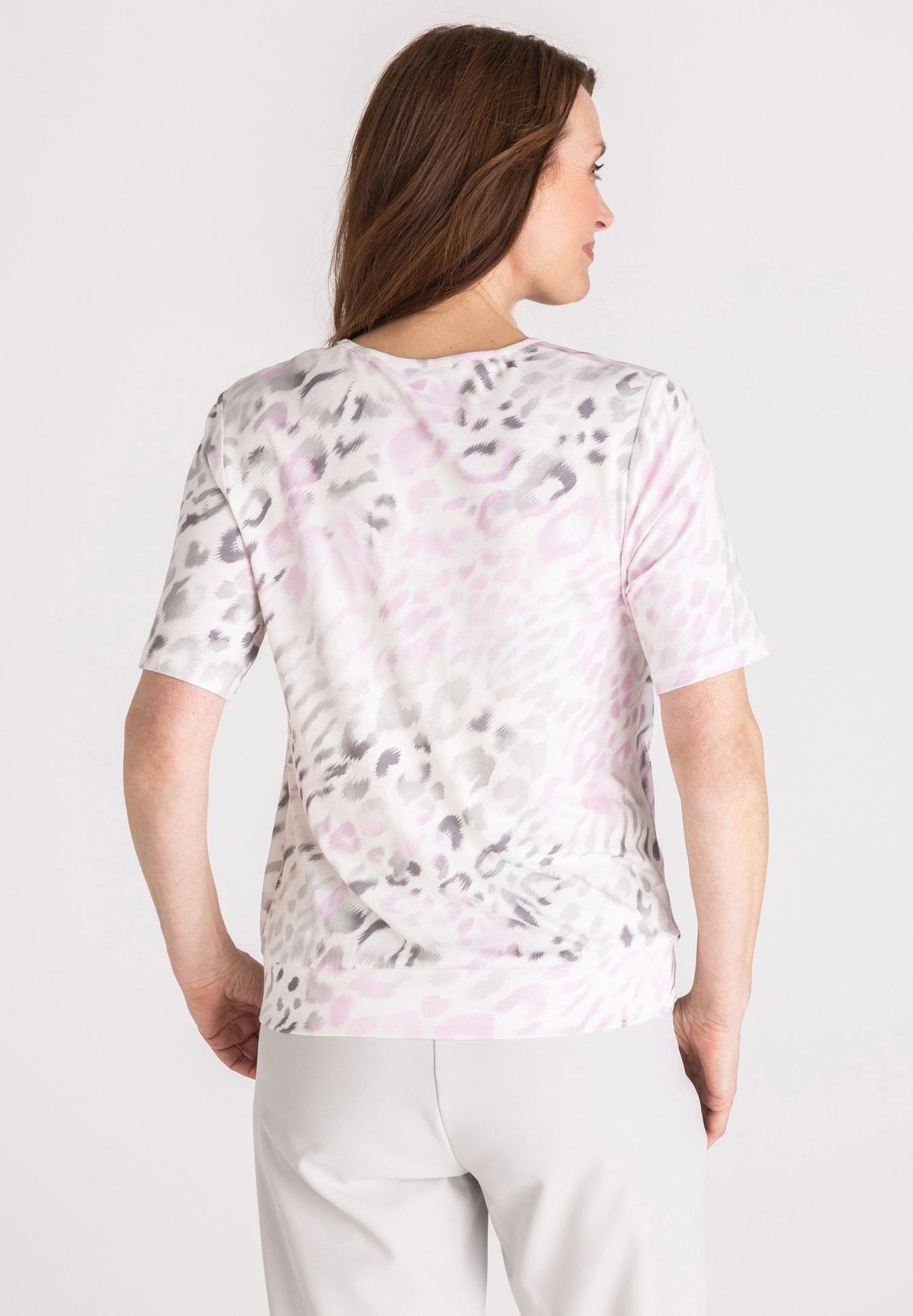 T-Shirt, Tee, Lounge Shirt, Tie-dye, Kurzarm, t-shirt, kurzarm, tie-dye, pink, grau, tshirt, top, kurzarmshirt, muster, tie-dye, t-shirt, kurzarm, tie-dye, pink grau, rückseite, T‑shirt, Kurzarm, Tie Dye, Leichtes Top, Rundhals