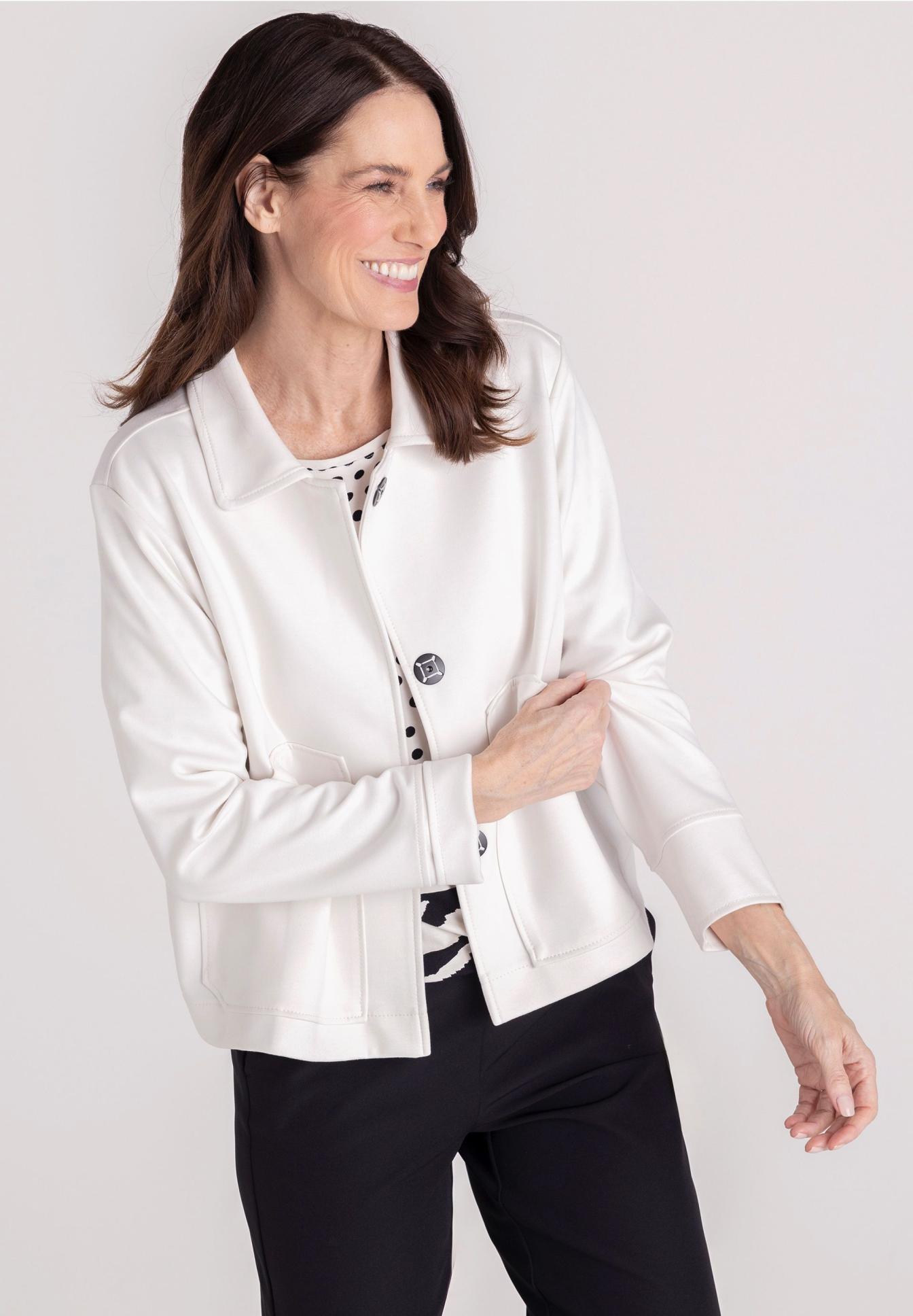 weiße jacke, jacke, hautenger, knöpfe, lederoptik