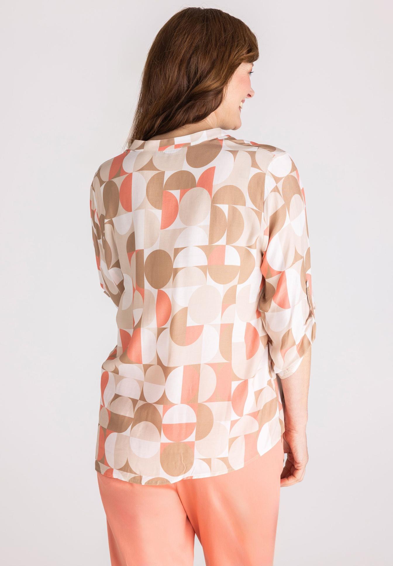 Bluse, Geometrischer Print, Langarm, Muster, Beige-Pfirsich-Töne, Bluse, Geometrisches Muster, Langarm, Herbstfarben, A-Länge, bluse, geometrischer muster, pastellfarben, langarm, shirt