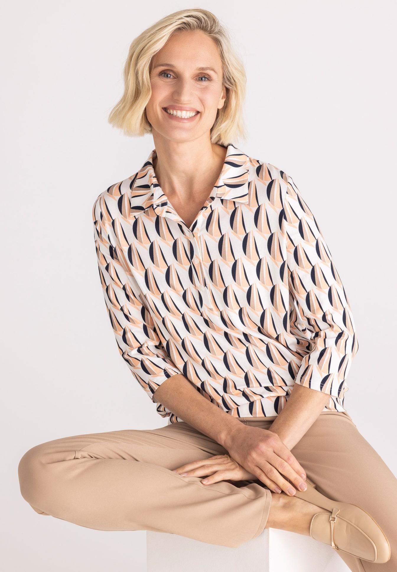 Bluse, Muster, Langarm, Beige, Kragen, Bluse, Geometrischer Muster, Luftige Bluse, Beige-Shirt, Langarm, Bluse, Palmen Muster, Lange Ärmel, Knopfverschluss, Beige/Nude