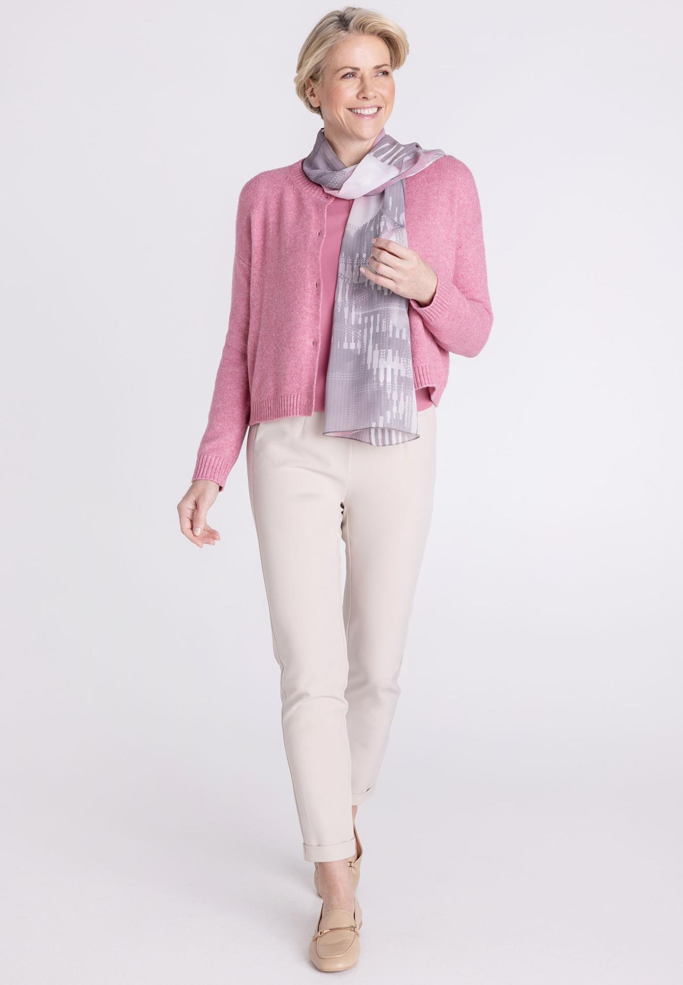 cardigan, pink, scarf, beige-pants, ankle-booties, cardigan, pink, scarf, beige pants, ankle length